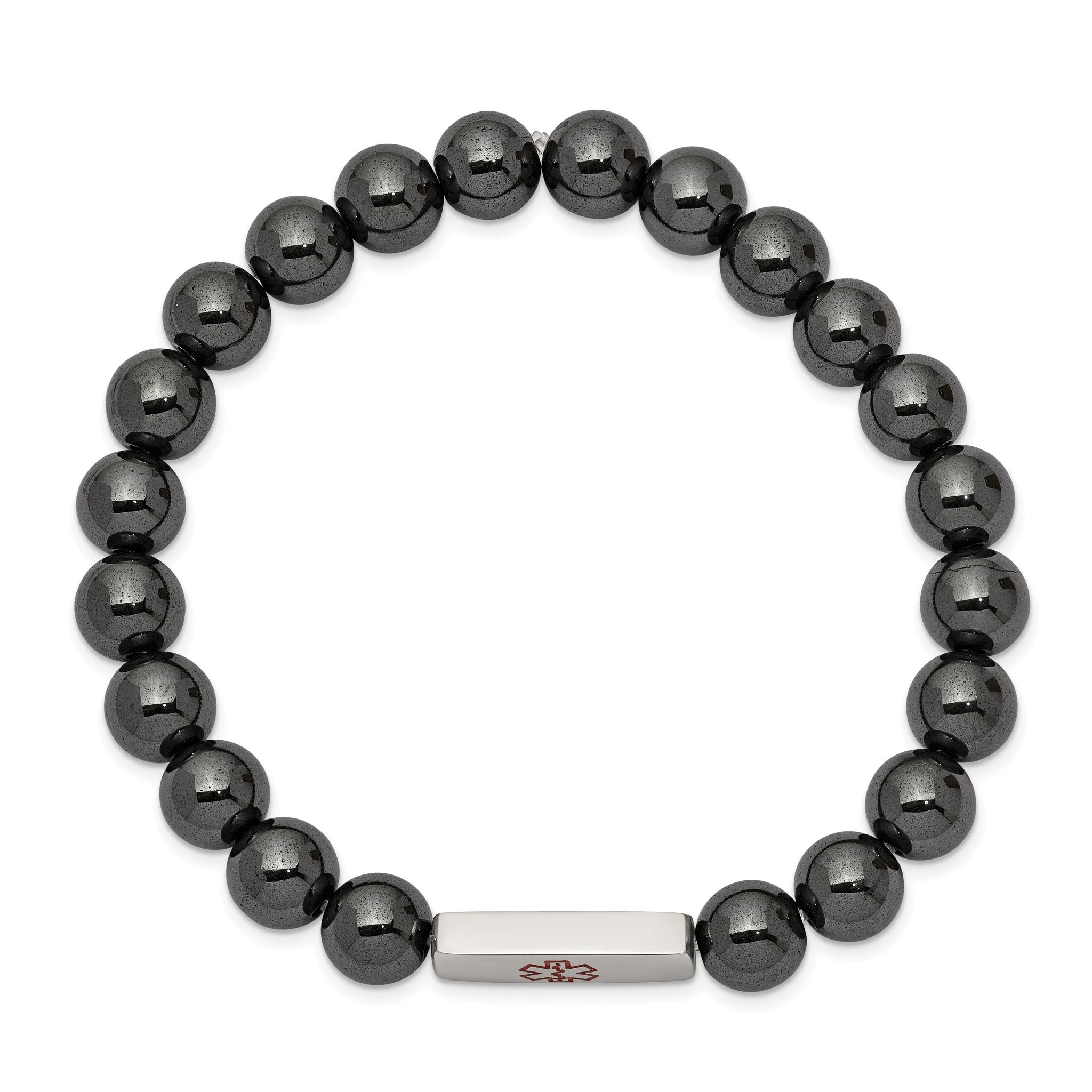 Stainless Steel Polished with Red Enamel Medical ID 8mm Hematite Beaded Stretch Bracelet