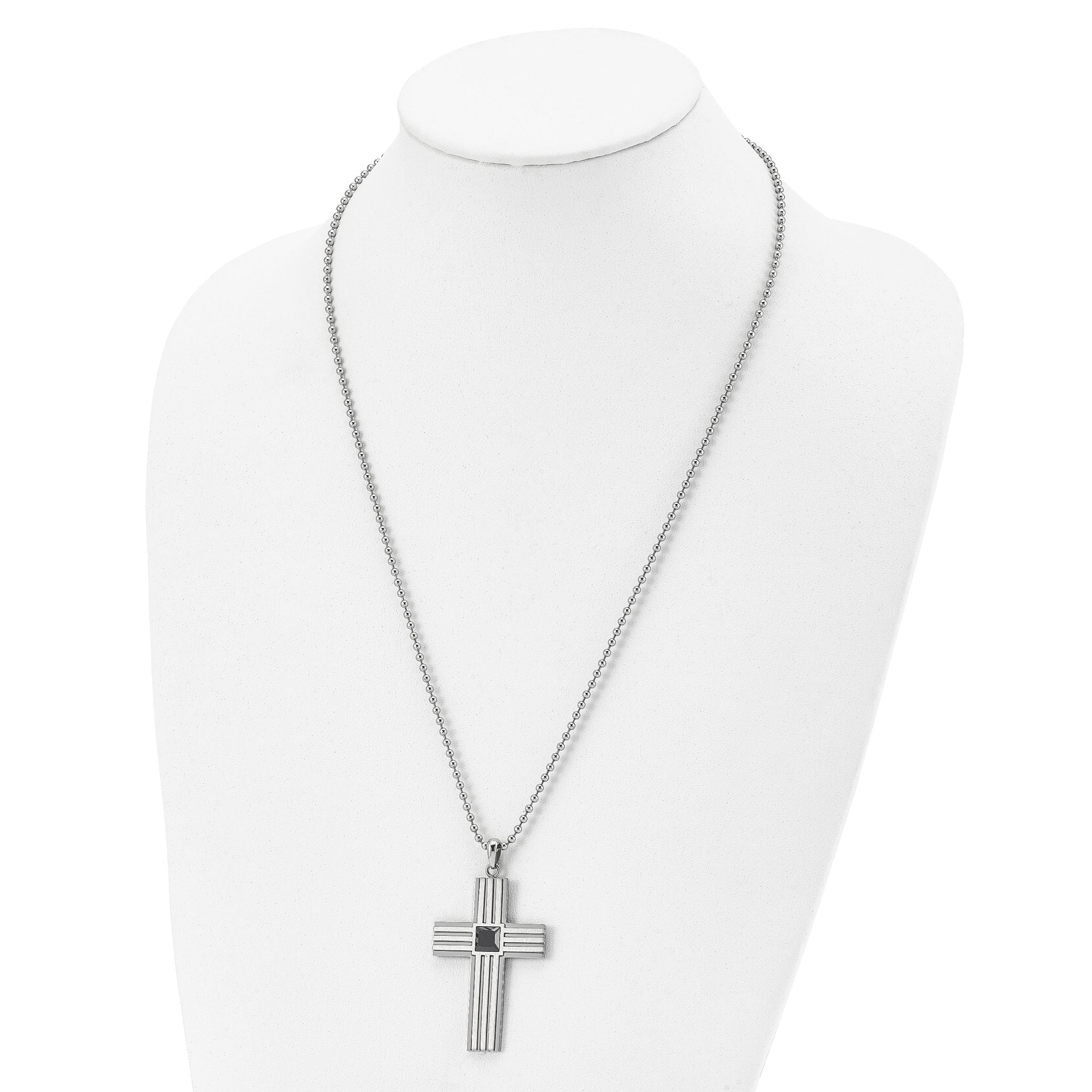 Chisel Stainless Steel Brushed and Polished with Square Black CZ Cross Pendant on a 24 inch Ball Chain Necklace