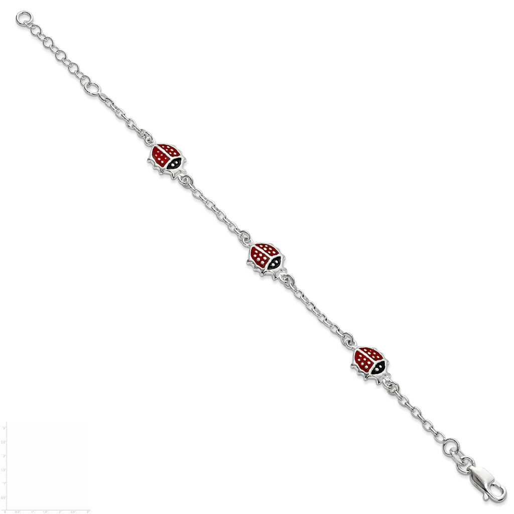 Sterling Silver Multi-color Enamel Ladybugs With  1in ext. Children's Bracelet