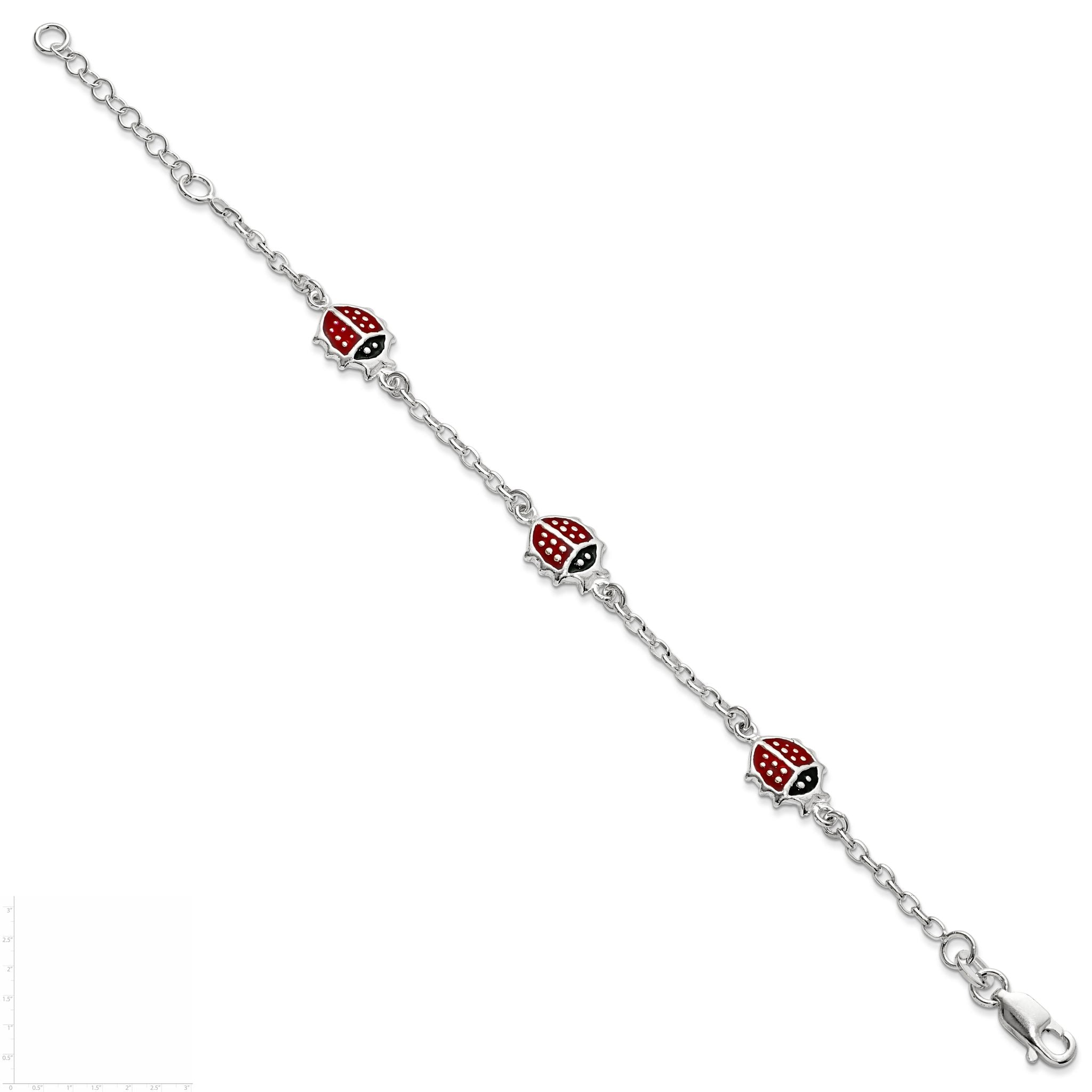 Sterling Silver Multi-color Enamel Ladybugs With  1in ext. Children's Bracelet