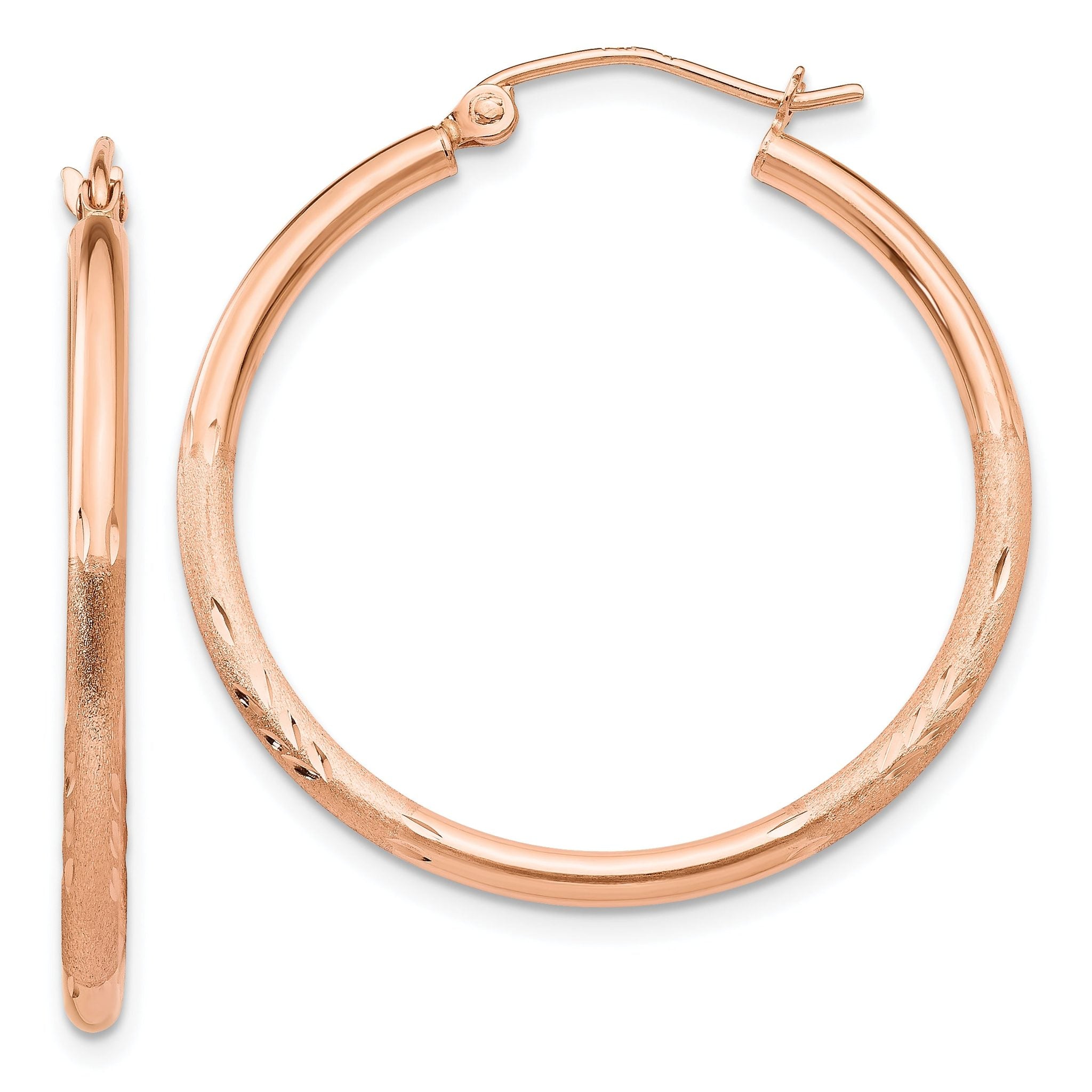 14k Rose Gold Lightweight Satin Diamond Cut Hoop Earrings Main image