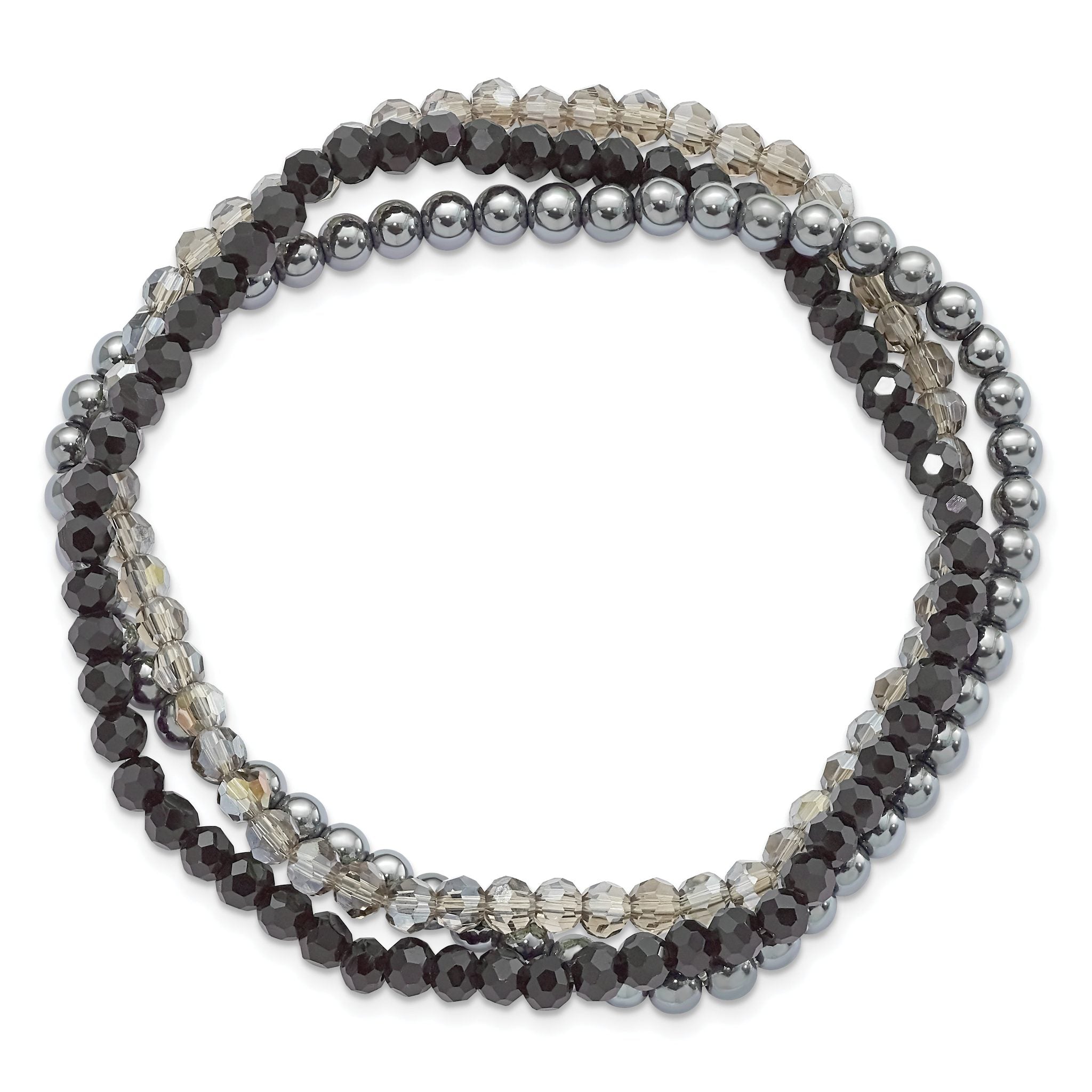 Sterling Silver Black and Smoky Crystal, Hematite 3pce Stretch Bracelet Secondary image