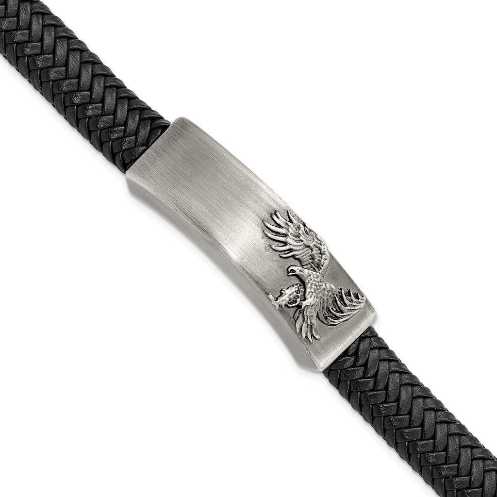 Stainless Steel Antiqued and Brushed Eagle Braided Black Leather ID Bracelet for Men