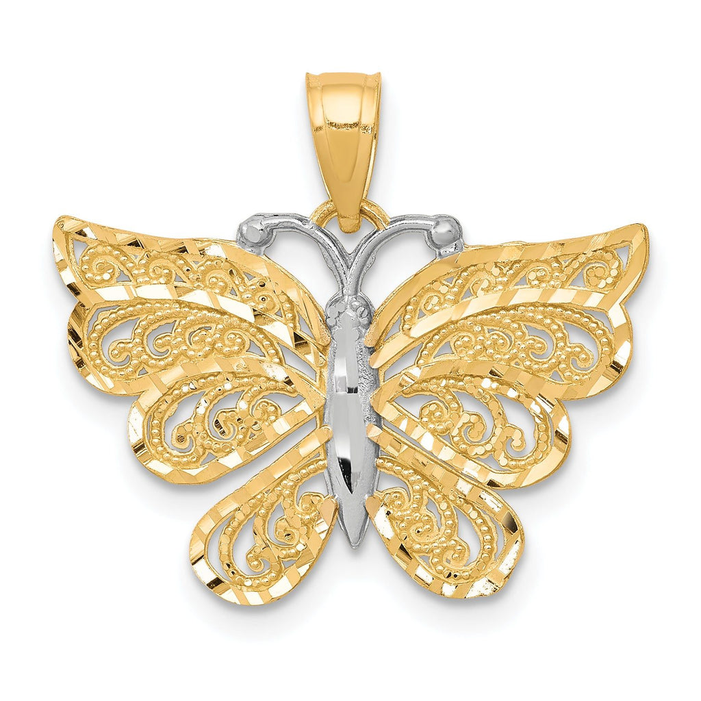 10K Gold Butterfly Pendant with Rhodium Accents, Polished Finish