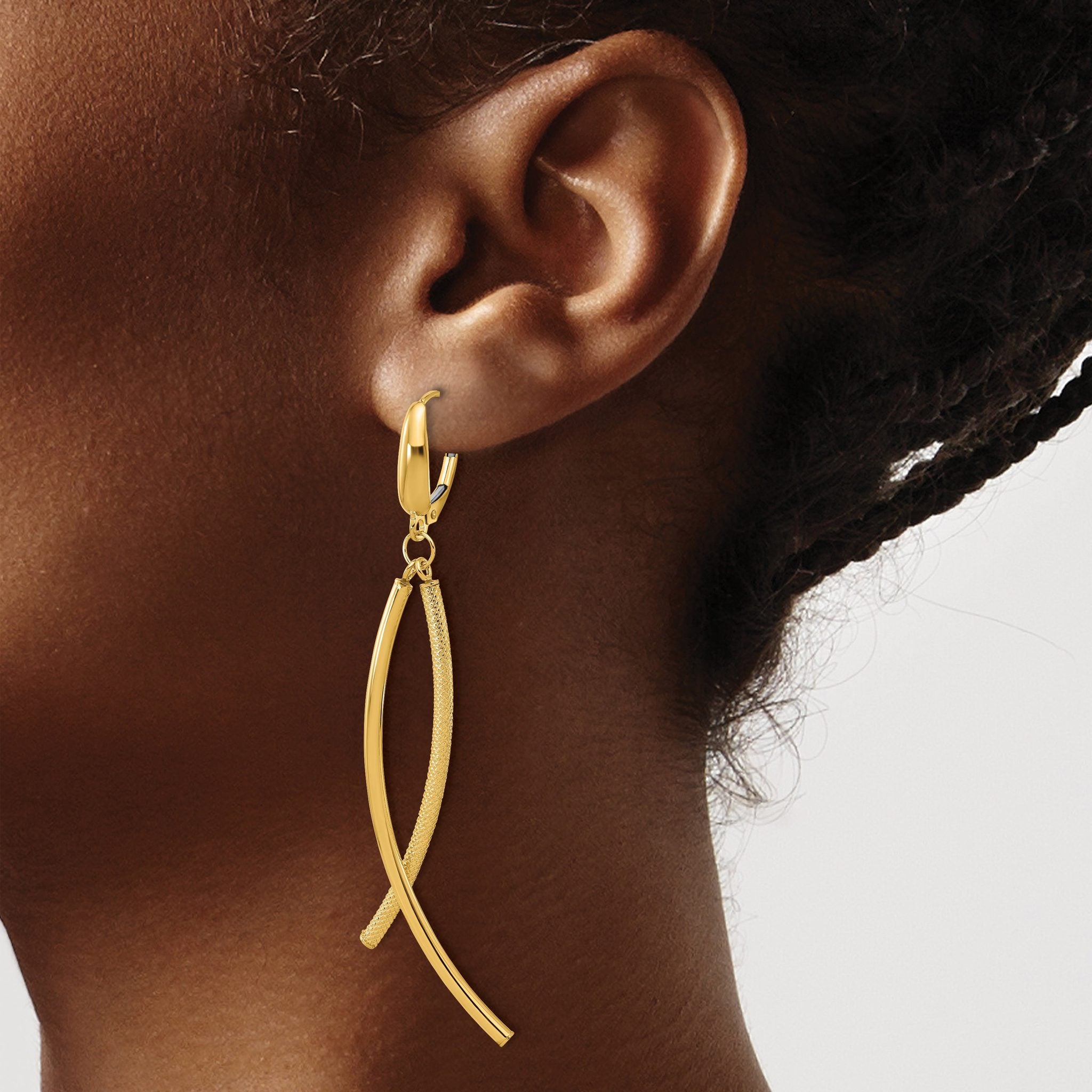 14k Polished and Textured Tube Dangle Leverback Earrings