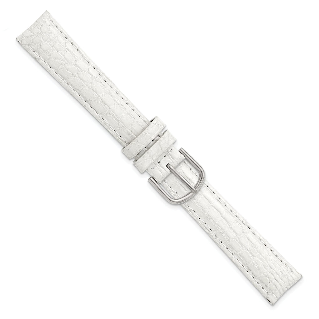 16mm Short White Genuine Caiman Leather with Silver-tone Buckle 6.75 inch Watch Band