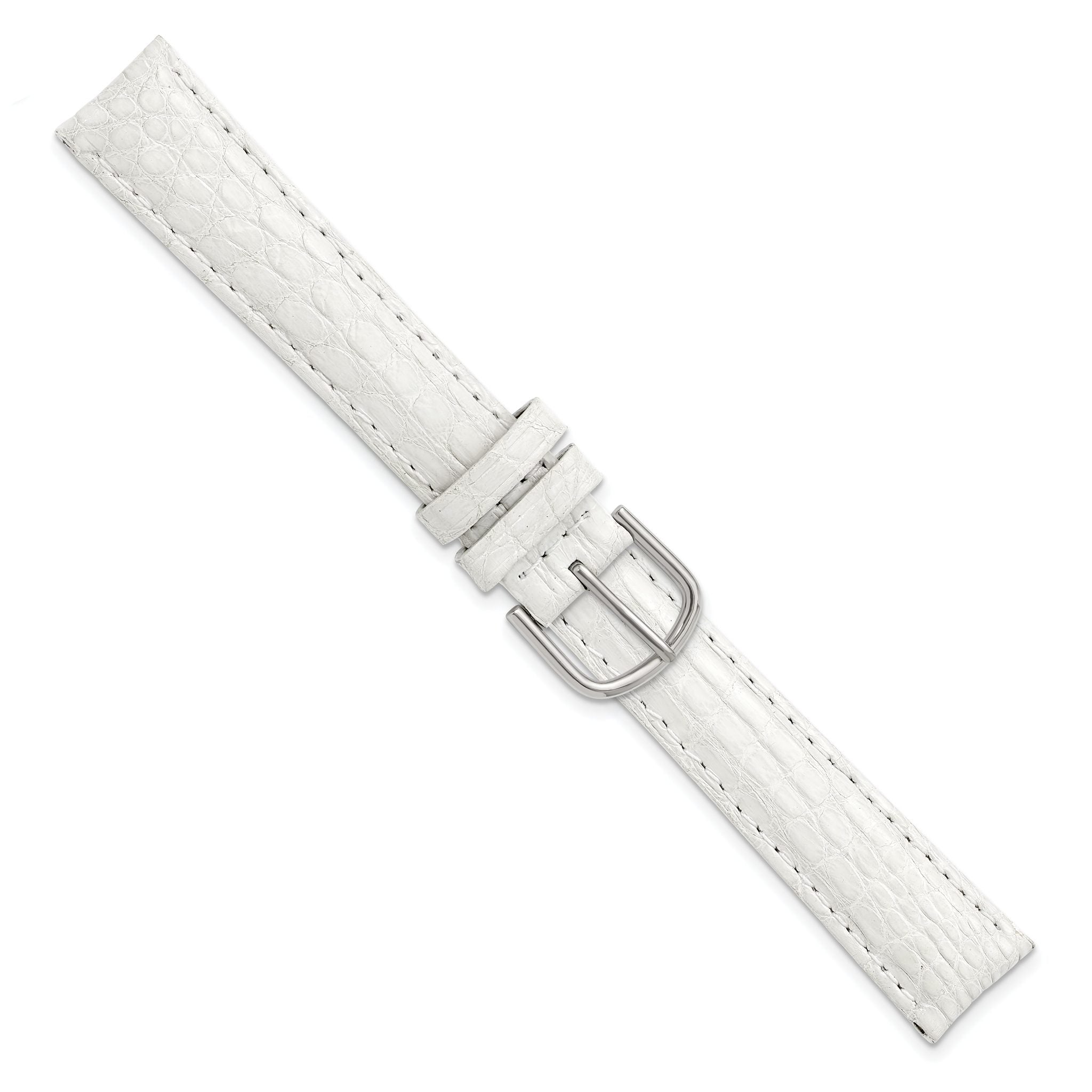 16mm Short White Genuine Caiman Leather with Silver-tone Buckle 6.75 inch Watch Band