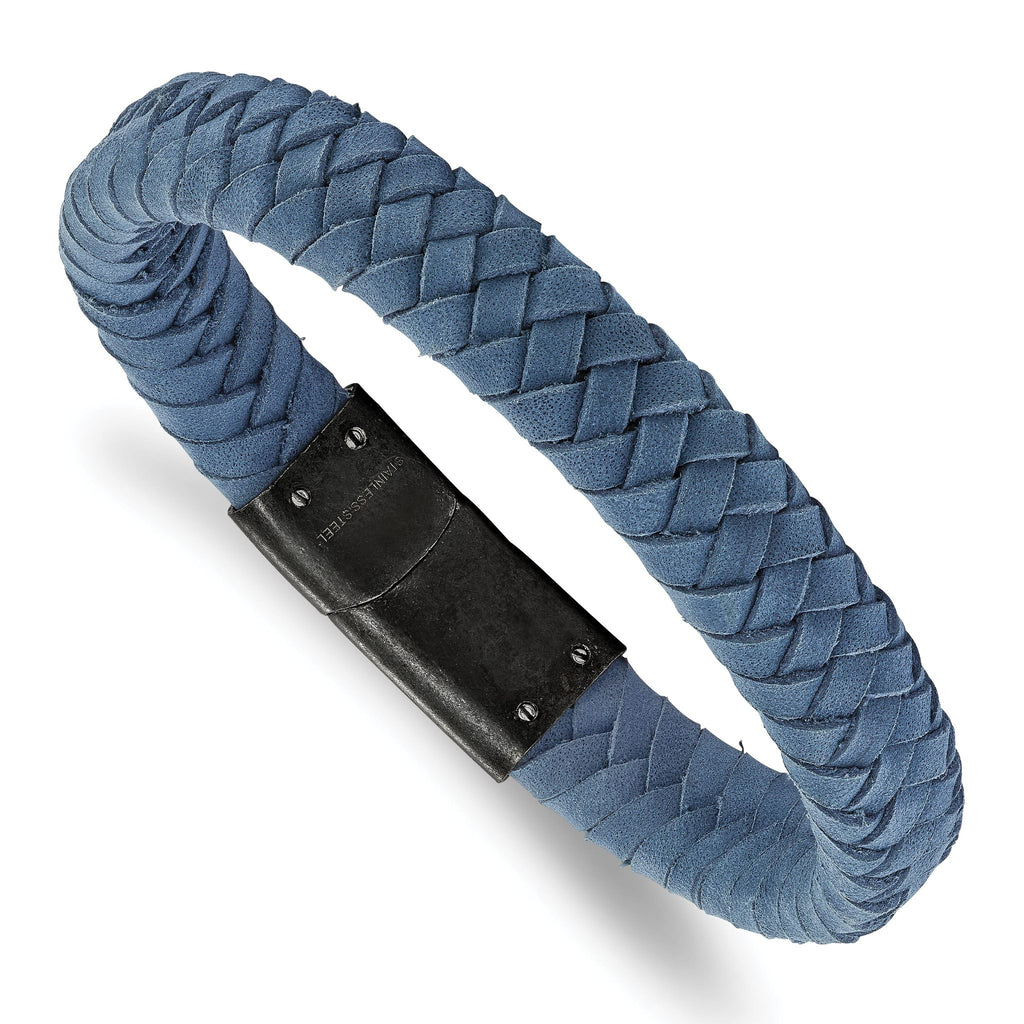 Stainless Steel Brushed Light Blue Leather Braided Bracelet for Men