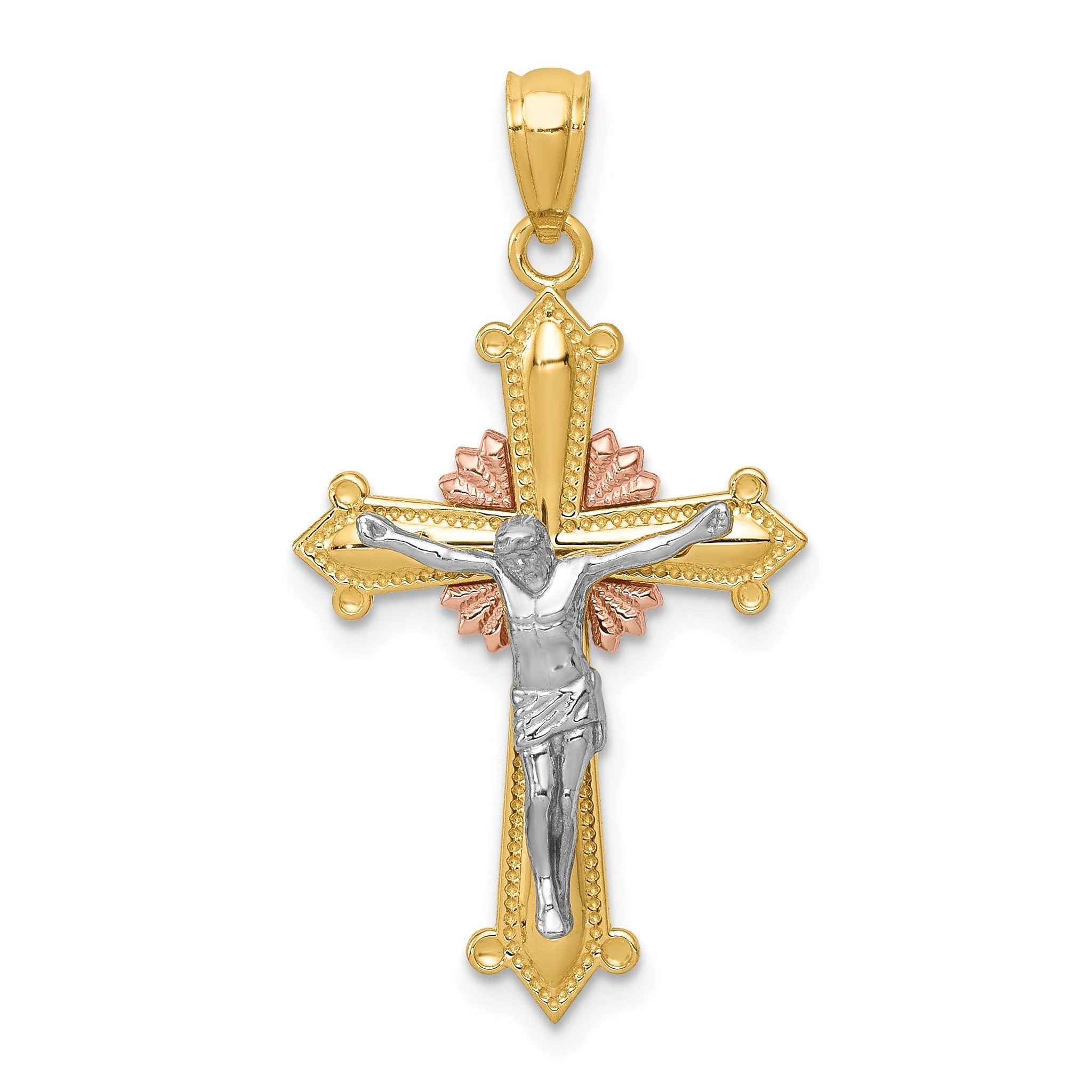 14K Tri-Color Gold Crucifix Pendant with Polished Finish Solid Cast Design