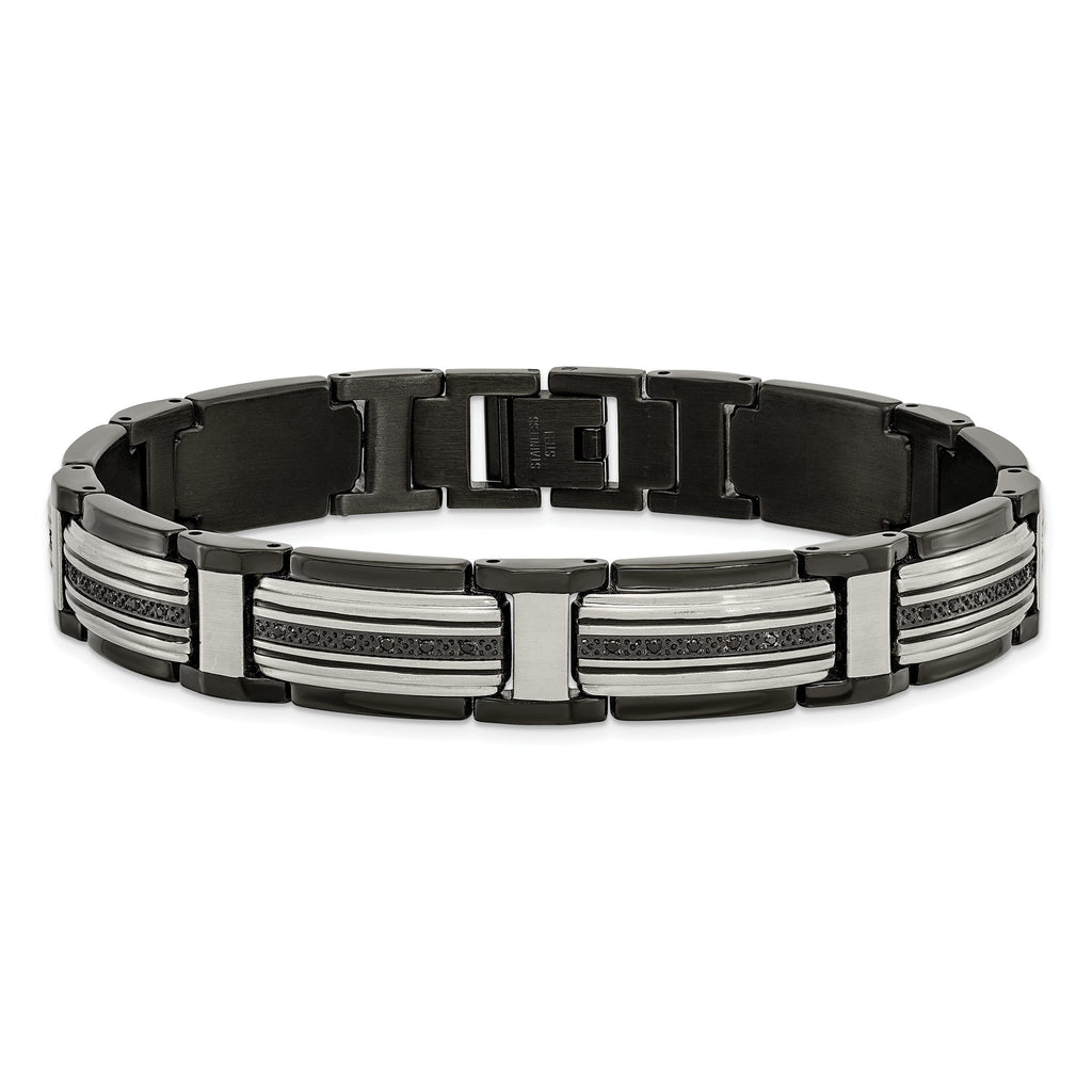 Stainless Steel Polished Black IP-plated with Black Cubic Zirconia Link Bracelet for Men