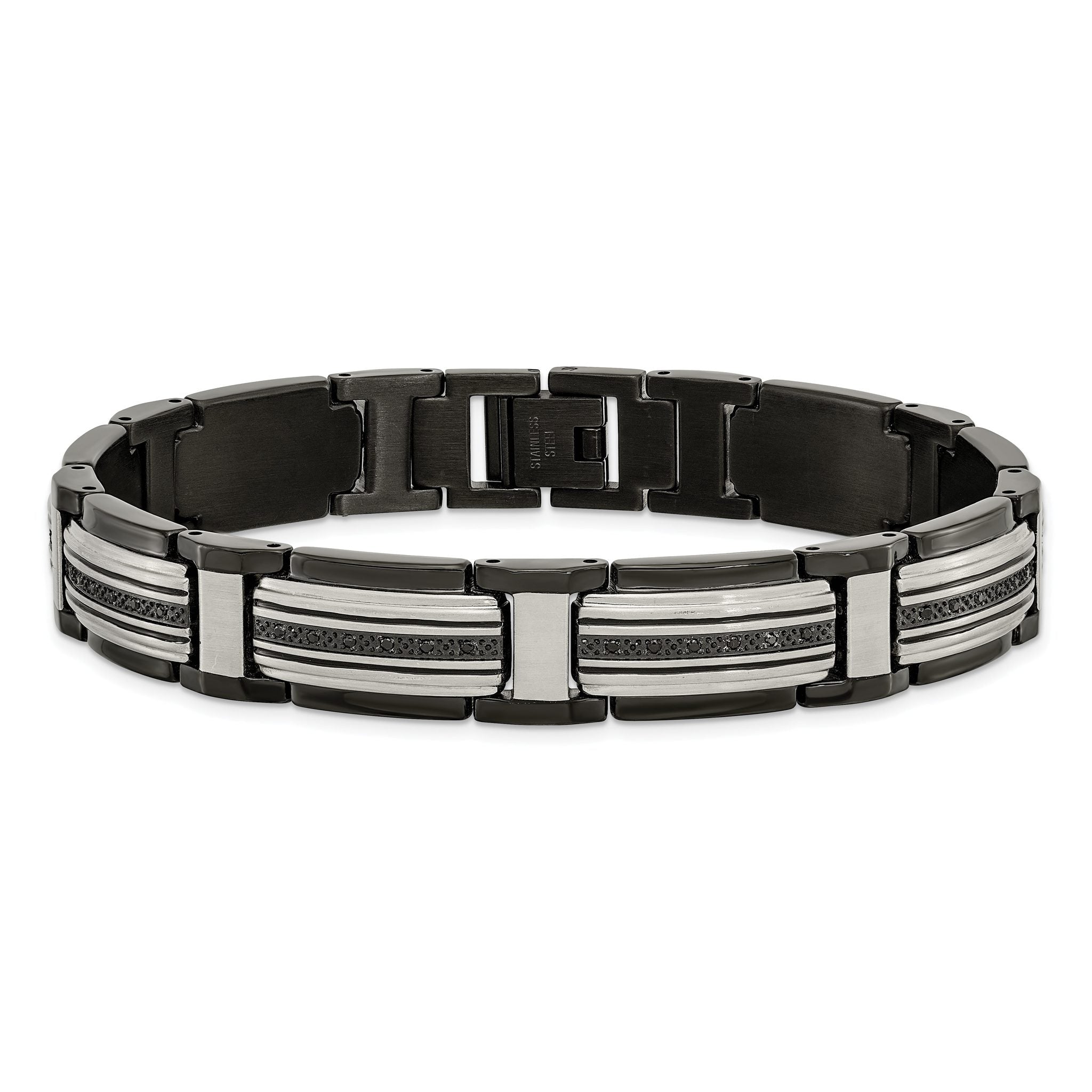 Stainless Steel Polished Black IP-plated with Black Cubic Zirconia Link Bracelet for Men