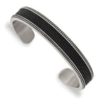 Stainless Steel Antiqued and Polished with Textured Leather Inlay 12mm Cuff Bangle Bracelet