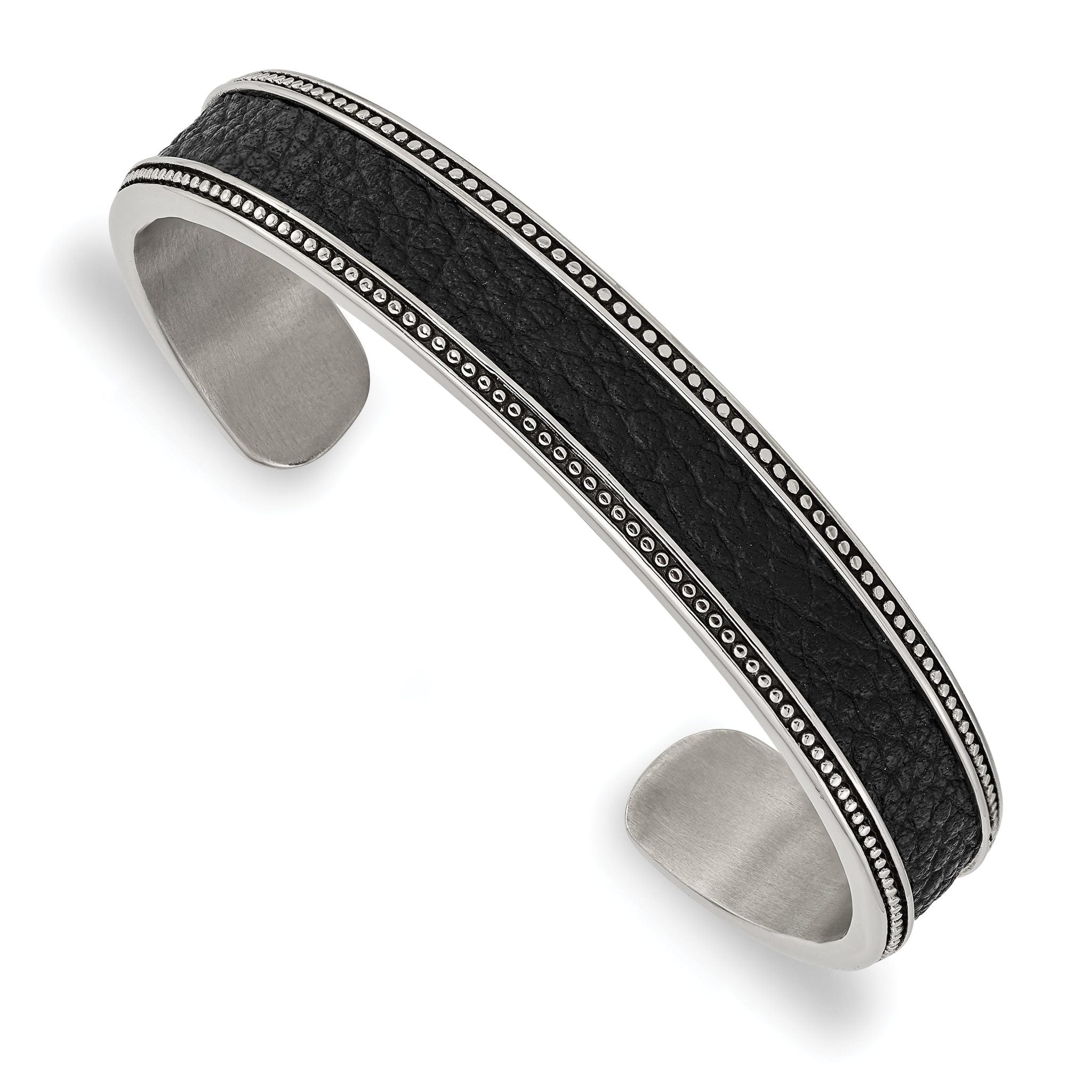 Stainless Steel Antiqued and Polished with Textured Leather Inlay 12mm Cuff Bangle Bracelet