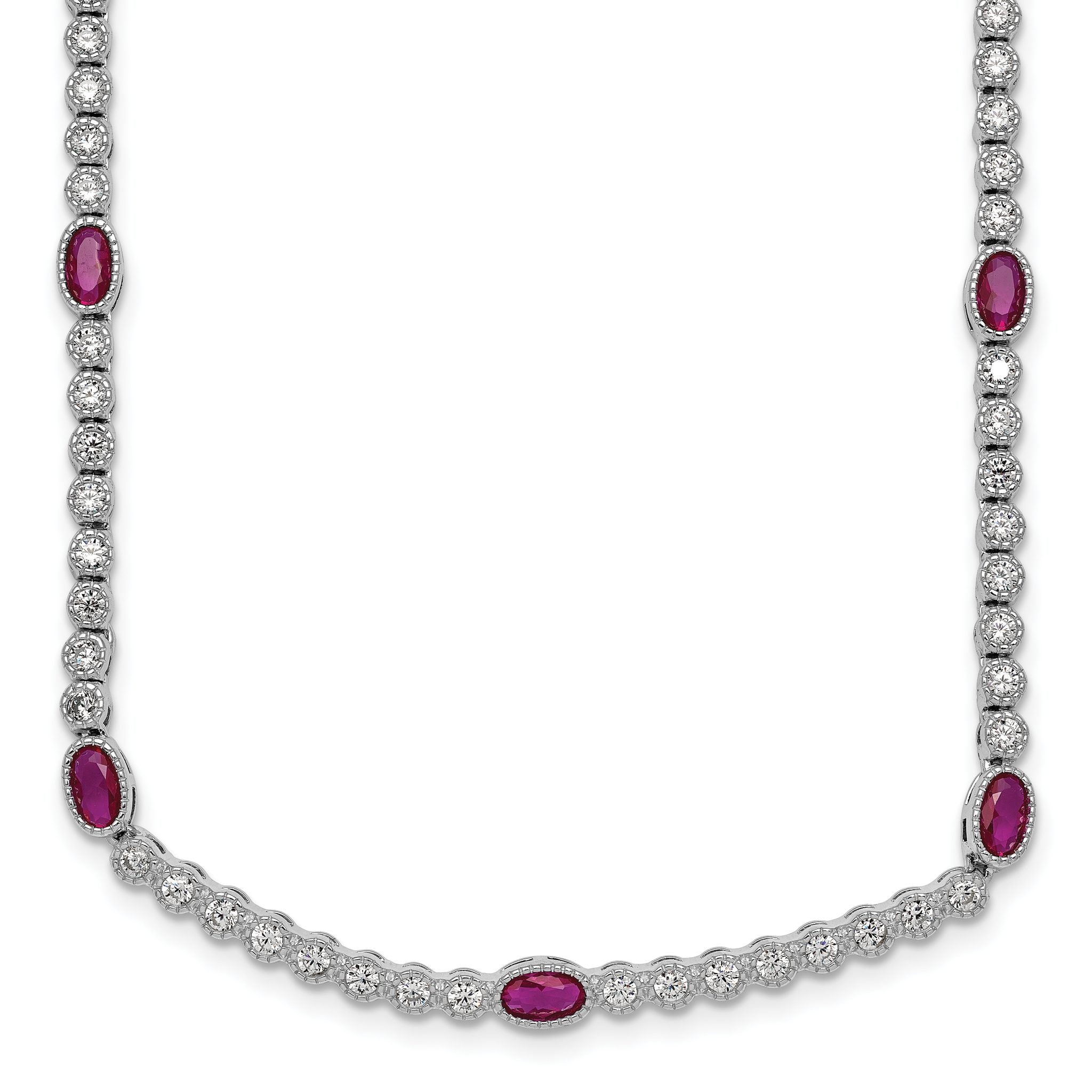 Sterling Silver Rhodium-plated Polished and Beaded Fancy Oval Red and Round White CZ 17 Inch Necklace Main image
