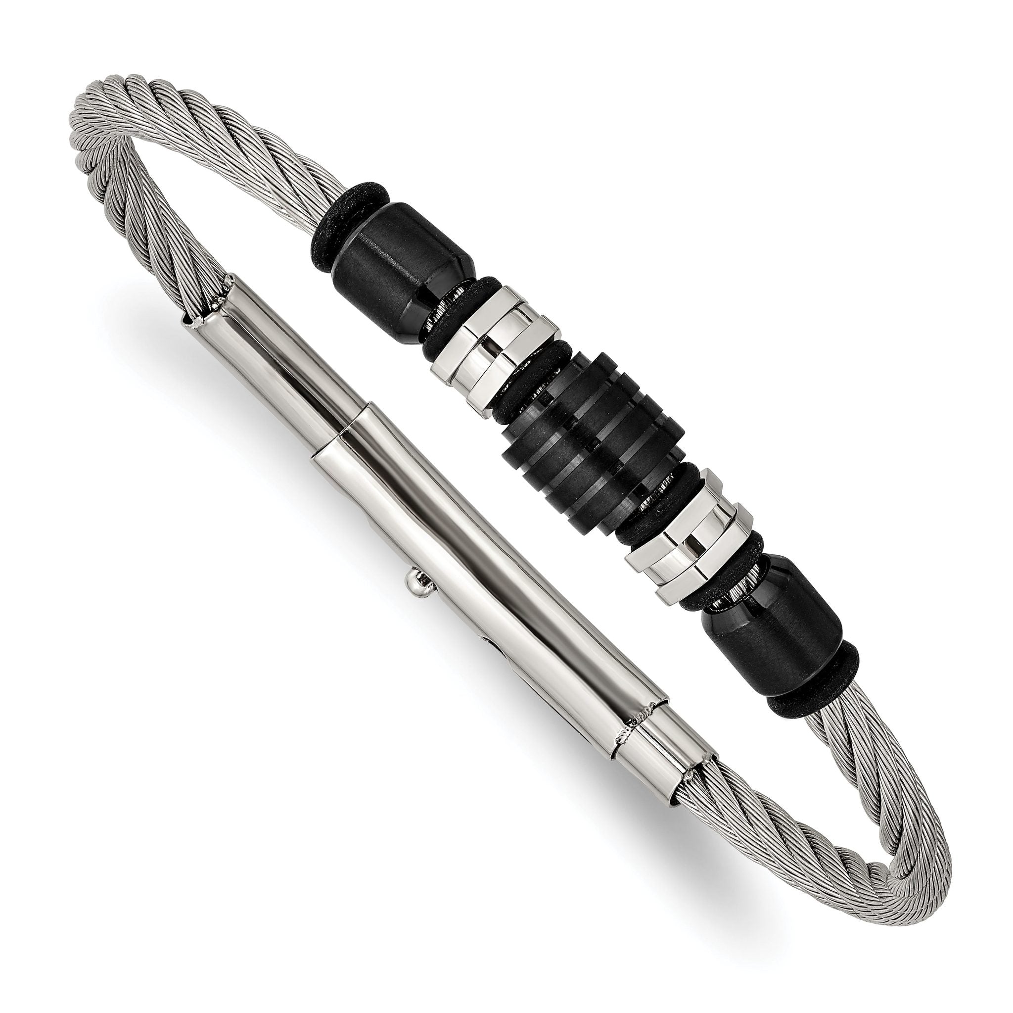 Stainless Steel Brushed and Polished Black IP-plated and Black Rubber Adjustable 8 to Bracelet Main image