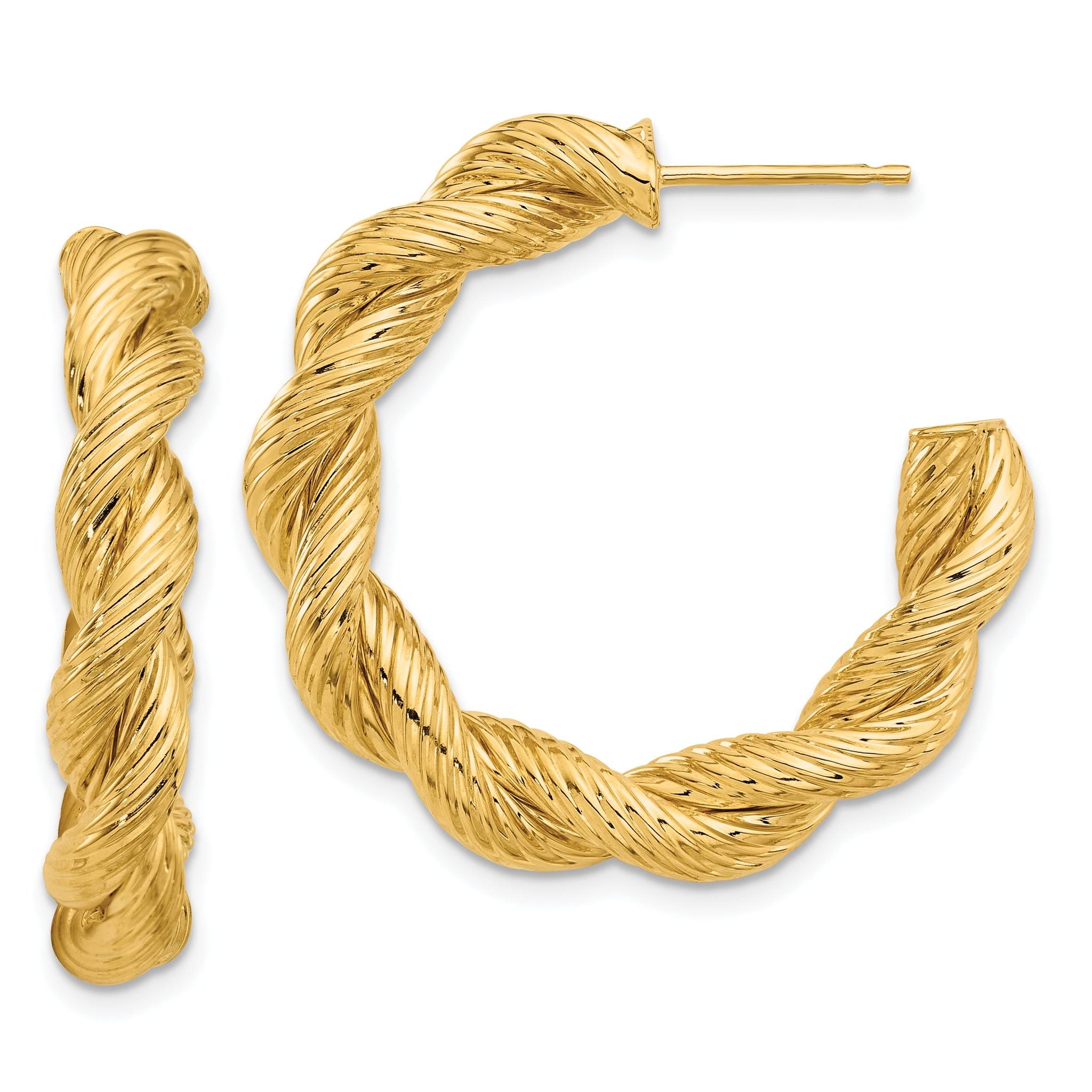14K Polished and Textured Twisted Post Hoop Earrings Main image