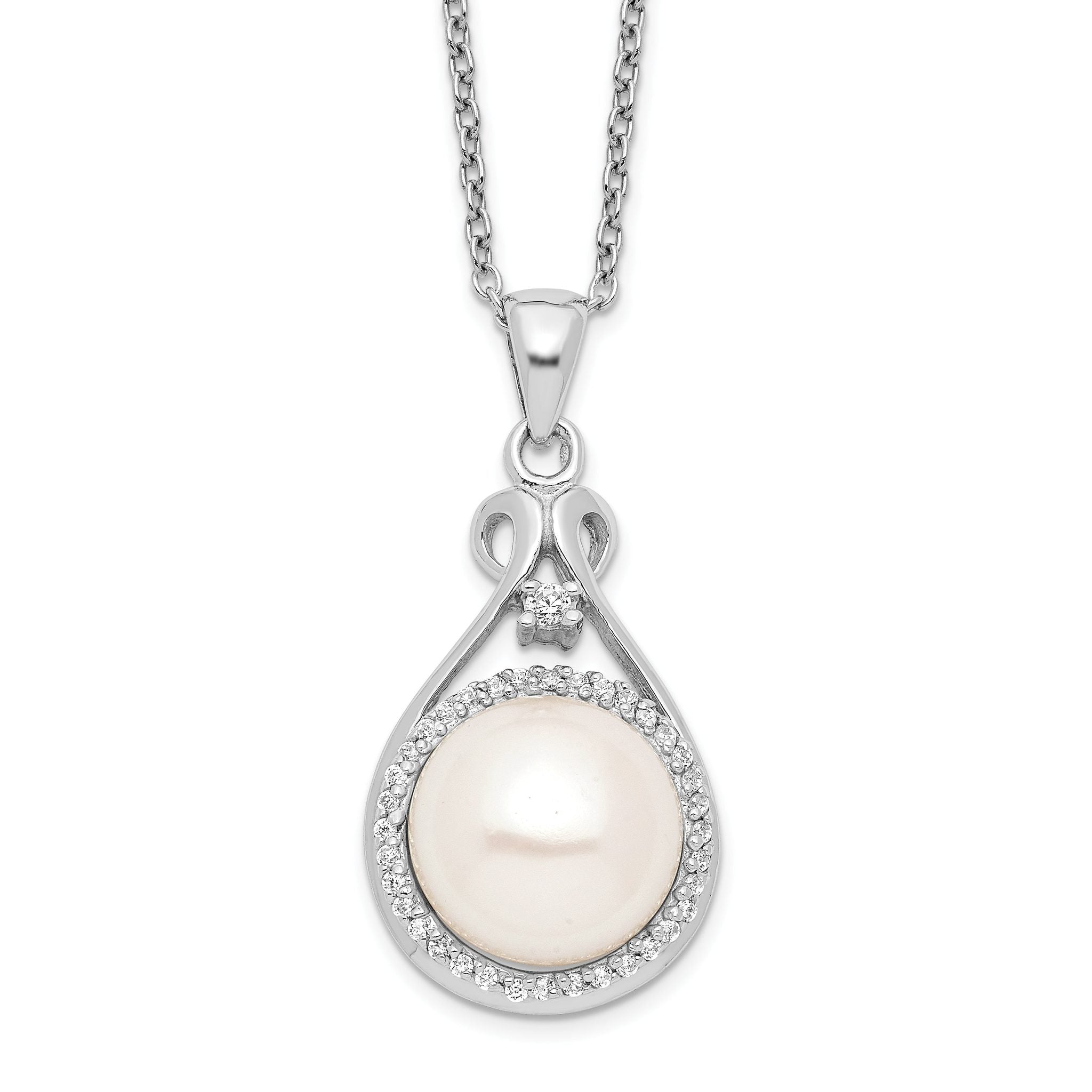 Sterling Silver Rhodium-plated 10-11mm White Button Freshwater Cultured Pearl and CZ 17 inch Necklace Main image
