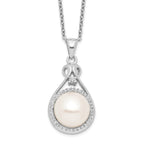 Sterling Silver Rhodium-plated 10-11mm White Button Freshwater Cultured Pearl and CZ 17 inch Necklace
