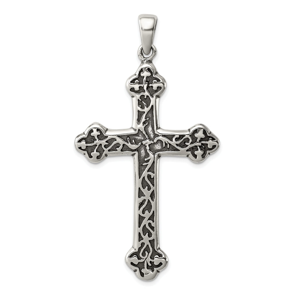 Sterling Silver 925 Thorn Cross Pendant with Antiqued Polished Finish