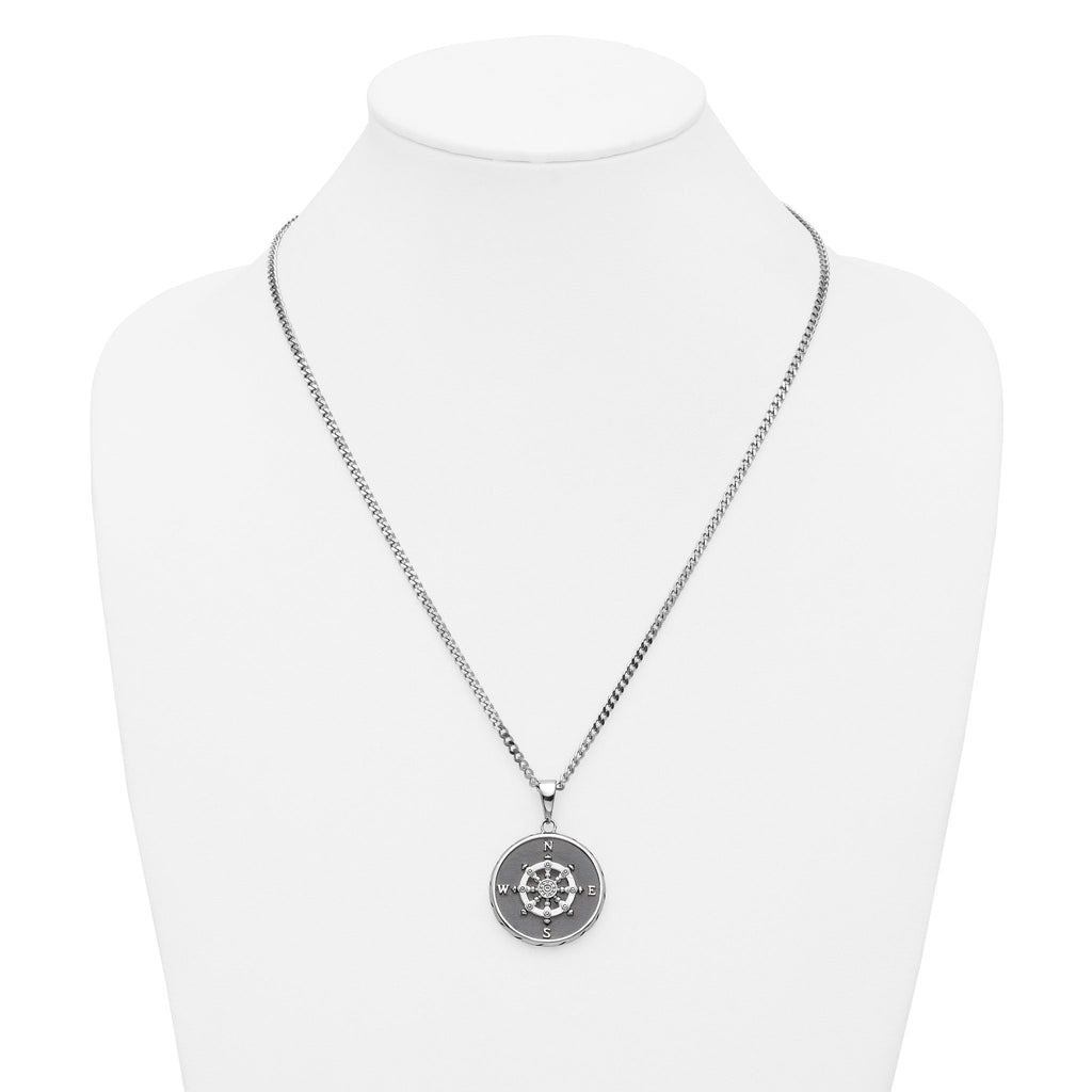 Chisel Stainless Steel Polished Black IP-plated Compass Pendant on a 22 inch Curb Chain Necklace