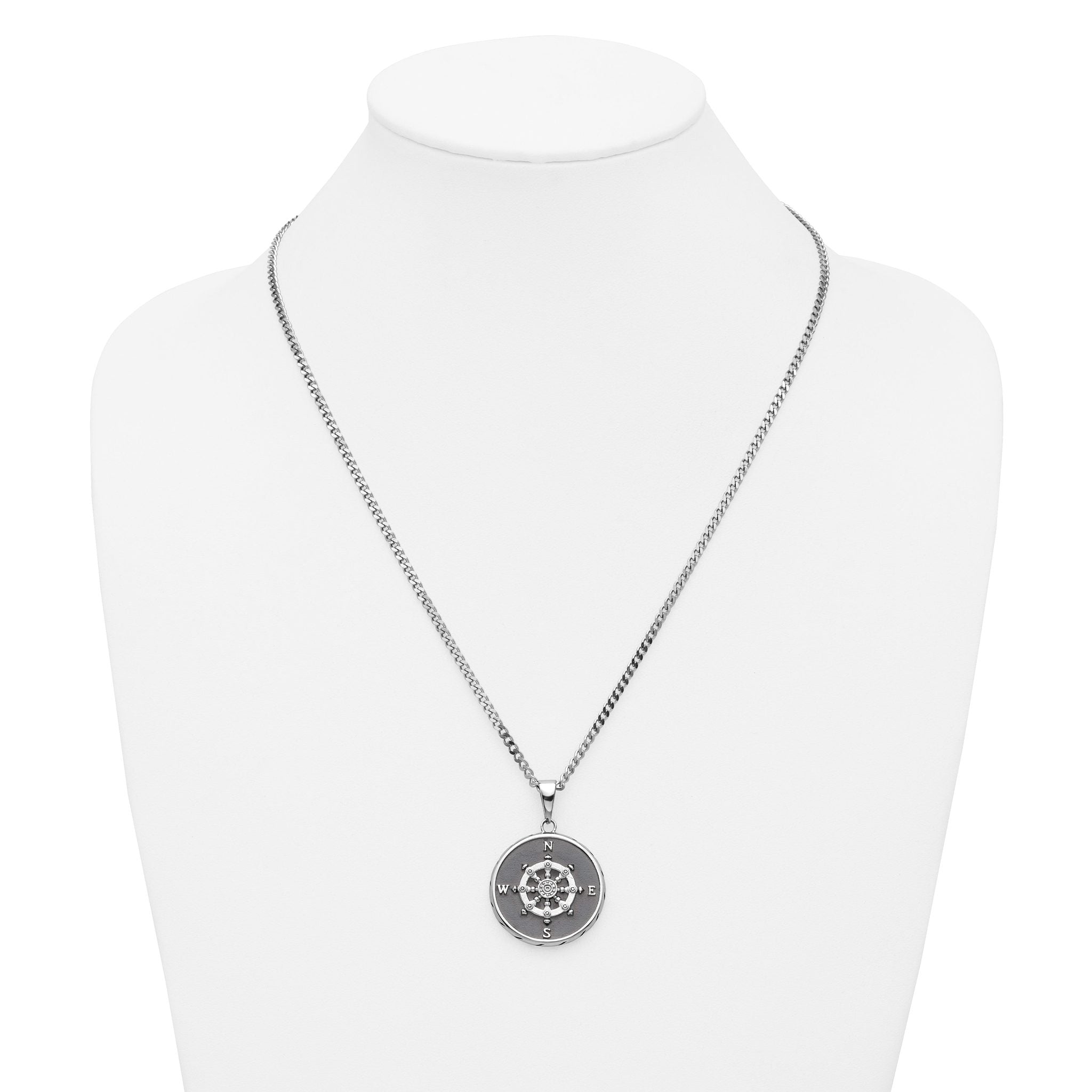 Chisel Stainless Steel Polished Black IP-plated Compass Pendant on a 22 inch Curb Chain Necklace