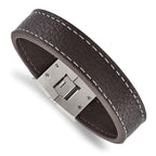 Stainless Steel Polished Brown Leather Bracelet for Men