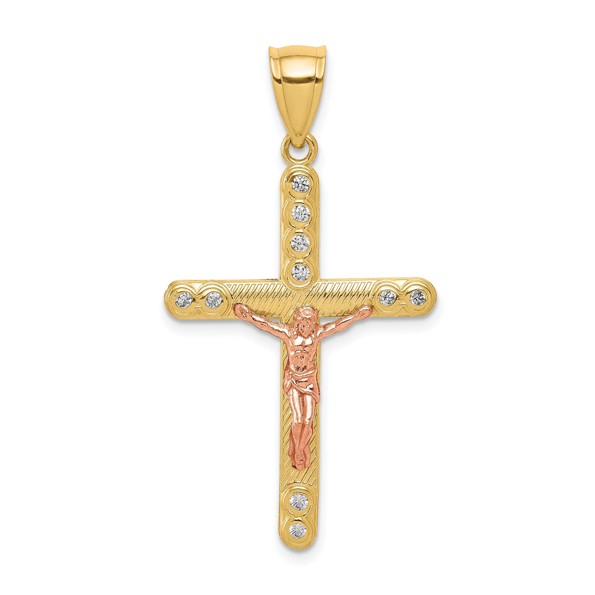 10K Two-Tone Gold CZ Crucifix Pendant with Polished Finish