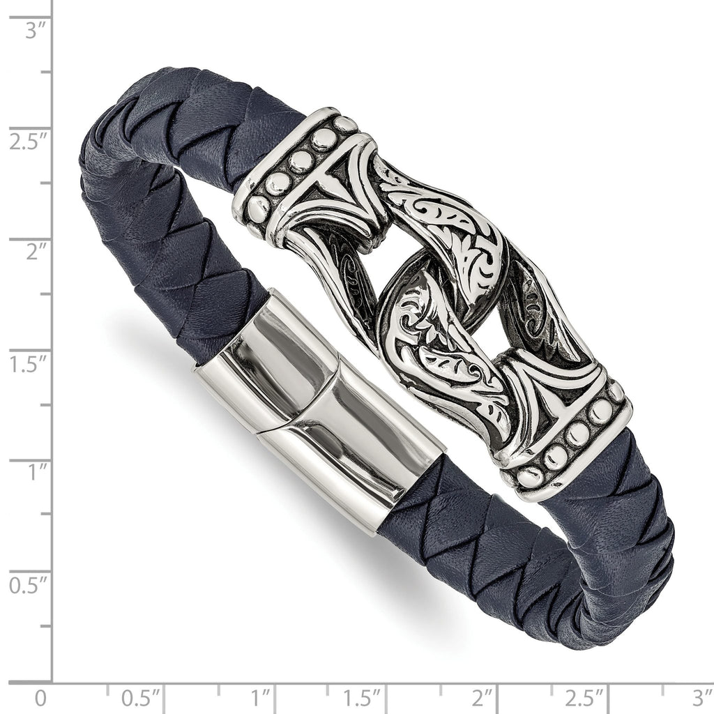 Stainless Steel Antiqued and Polished Blue Woven Leather Bracelet for Men