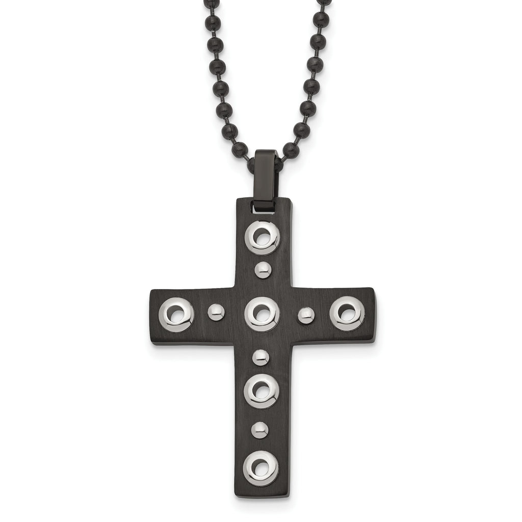 Black IP Cross Pendant Necklace in Stainless Steel, 22in