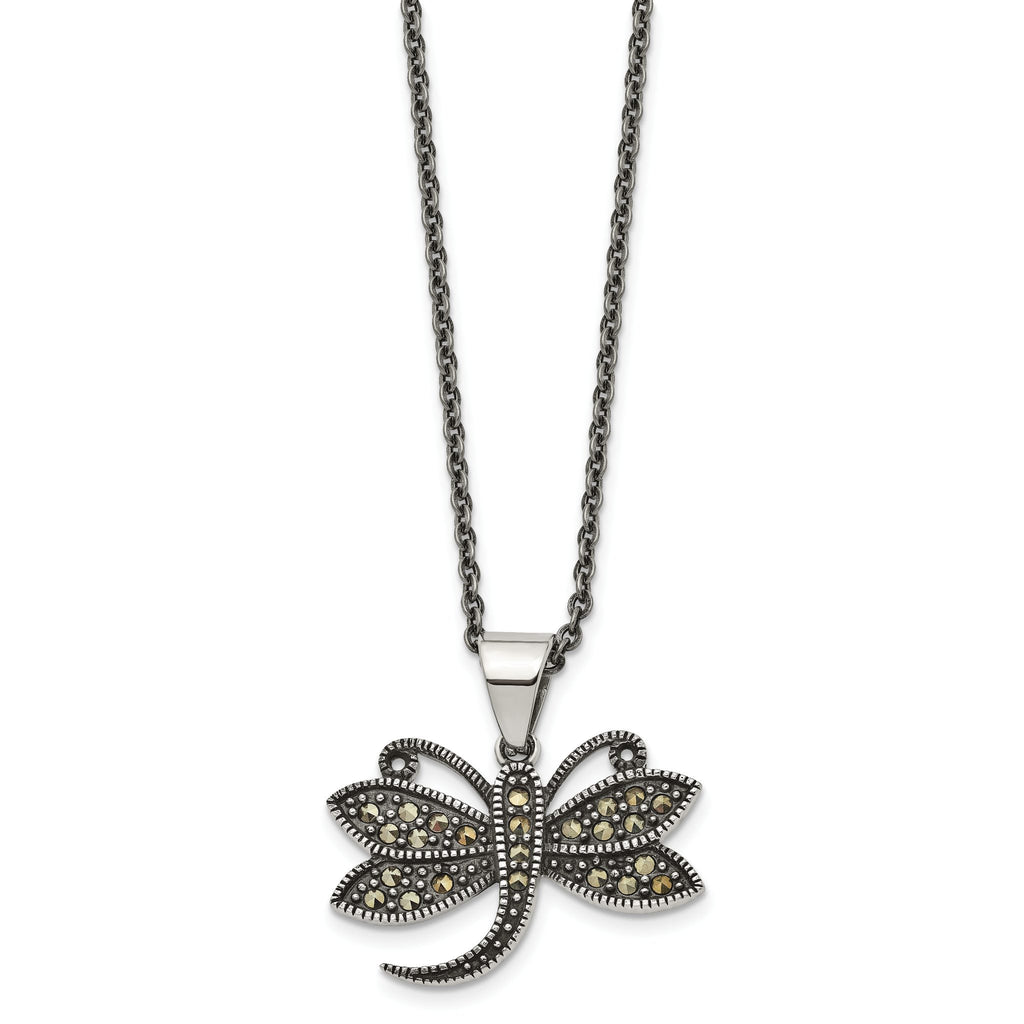 Marcasite Dragonfly Pendant Necklace in Stainless Steel