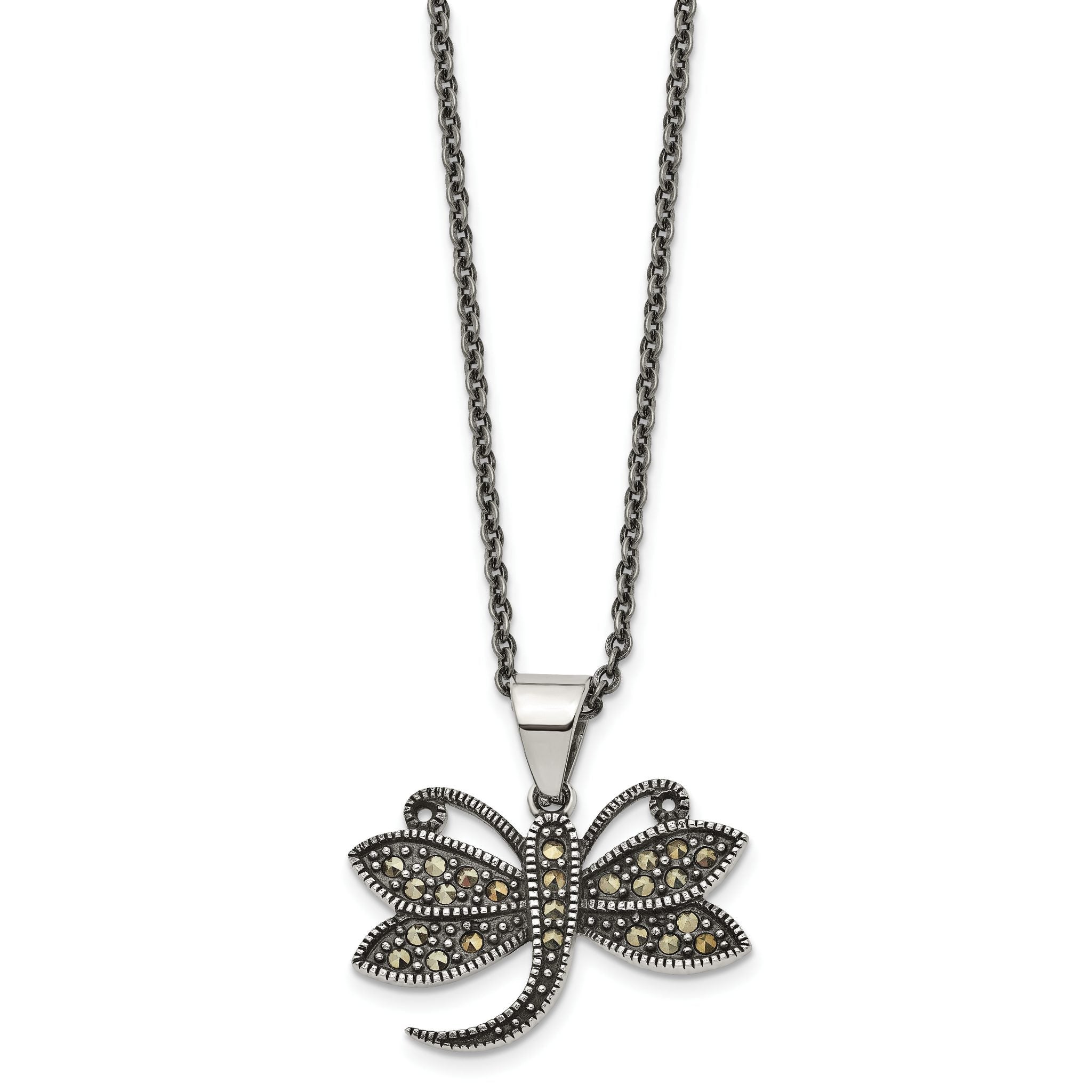 Marcasite Dragonfly Pendant Necklace in Stainless Steel
