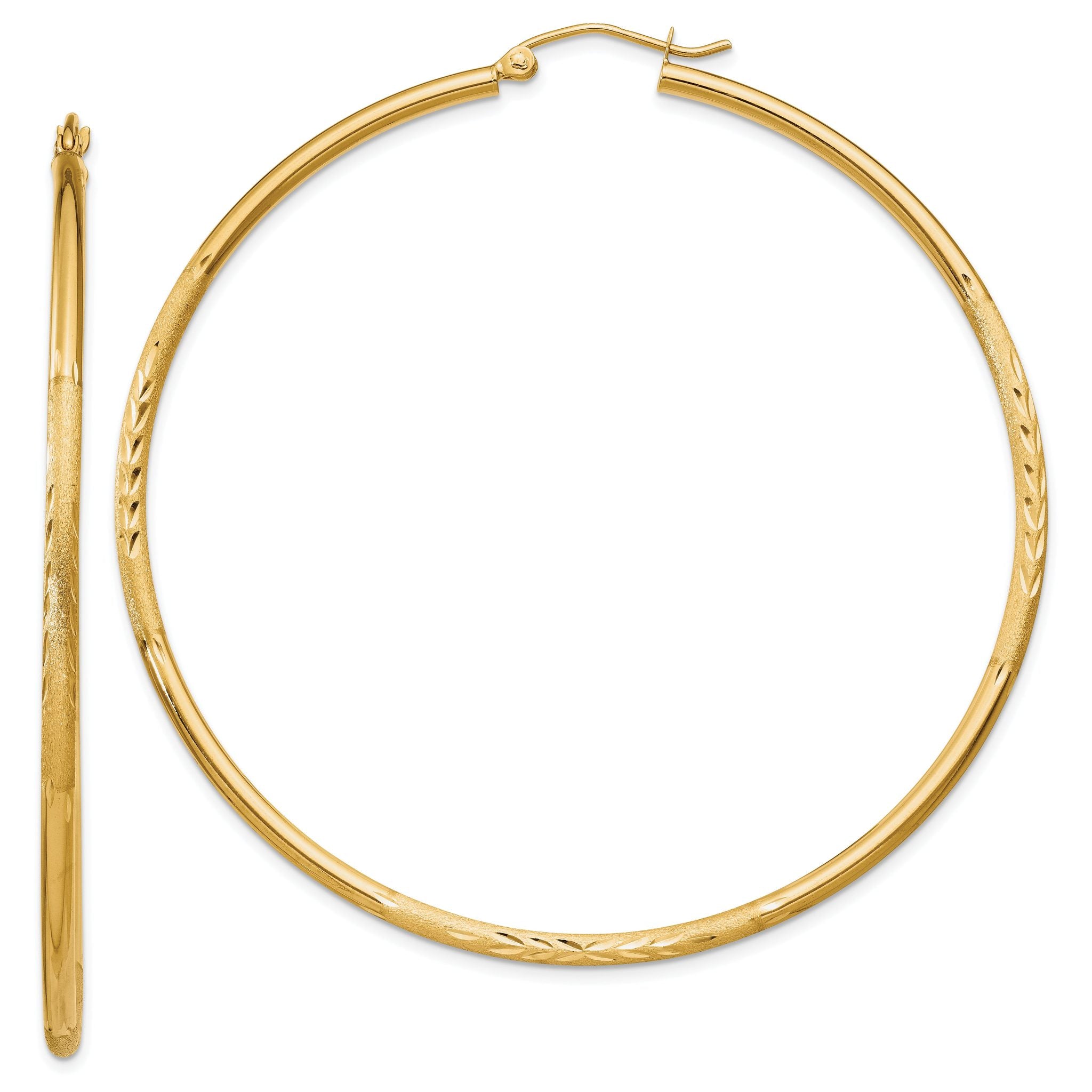 10k Satin and Diamond-cut 2mm Round Tube Hoop Earrings