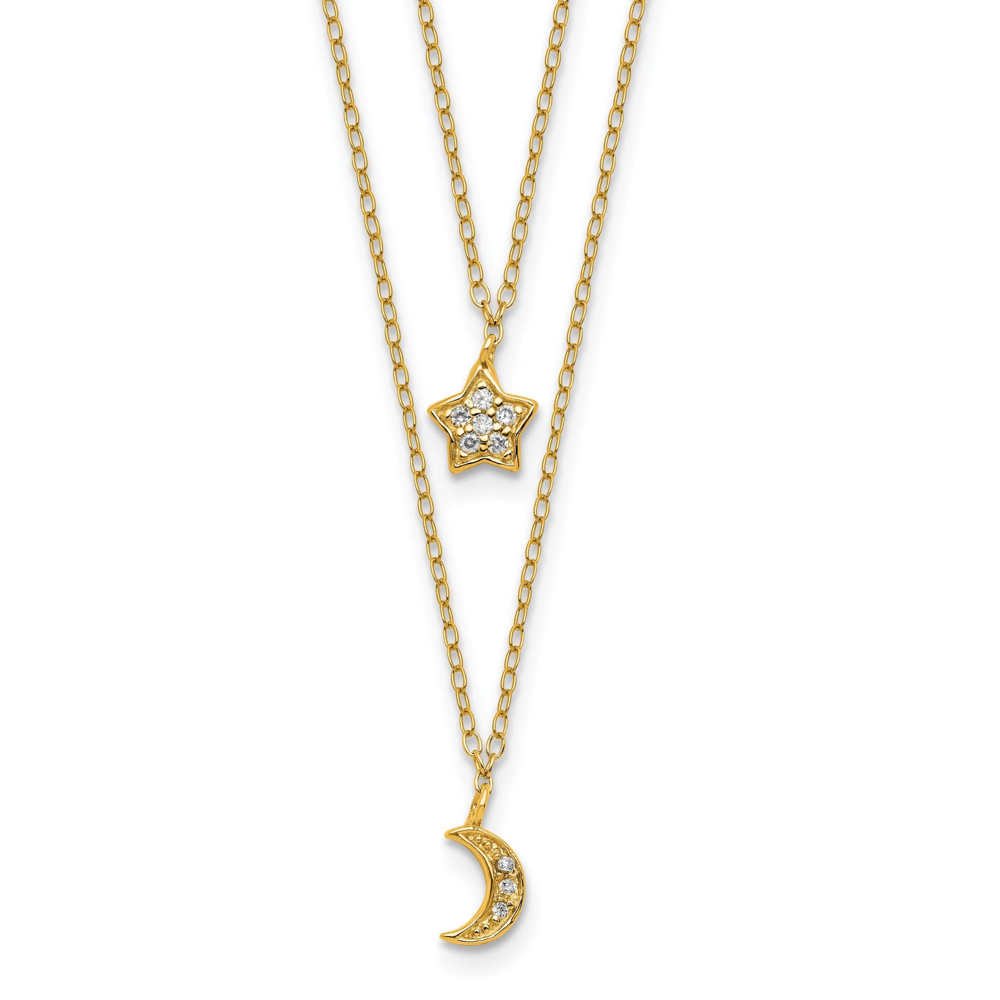 Cheryl M Sterling Silver Gold-plated Polished 2-Strand CZ Moon and Star 16 Inch with 2 Inch Extension Necklace Main image