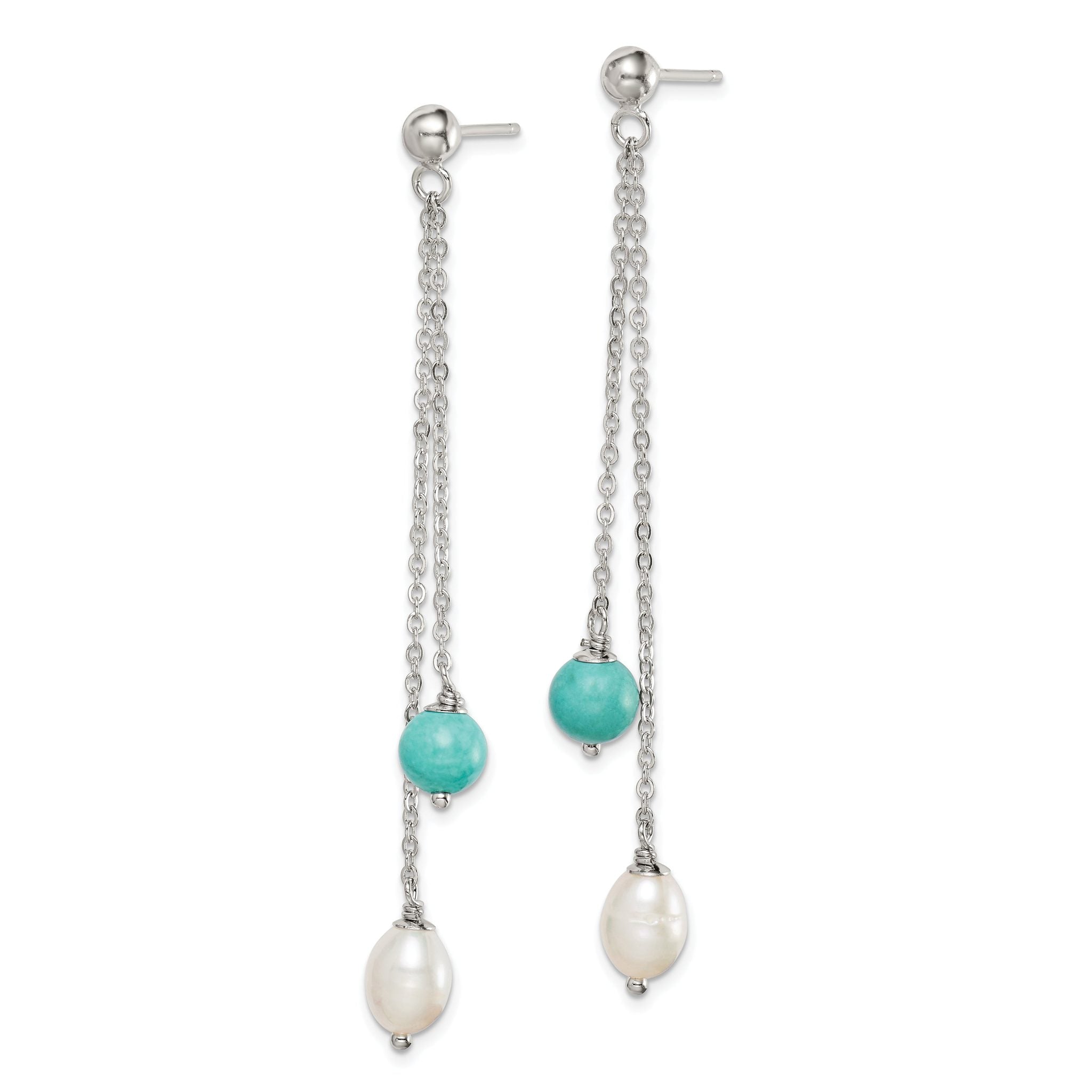 Sterling Silver Rhod-pltd Turquoise/FWC Pearl Chain Post Dangle Earrings Secondary image