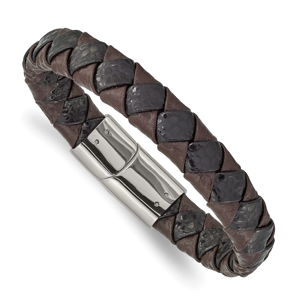 Stainless Steel Polished Black and Brown Textured Leather Bracelet for Men