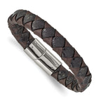 Stainless Steel Polished Black and Brown Textured Leather Bracelet for Men
