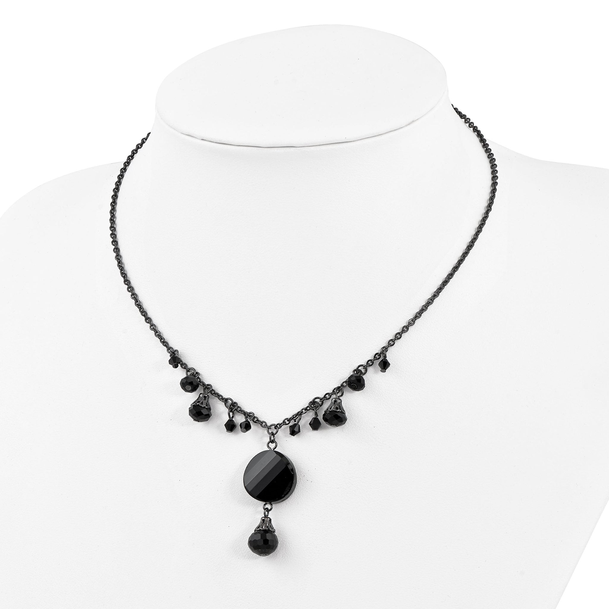 1928 Jewelry Black-plated Jet Black Faceted Glass Dangle Beads 16 inch Necklace with 3 inch extension Secondary image