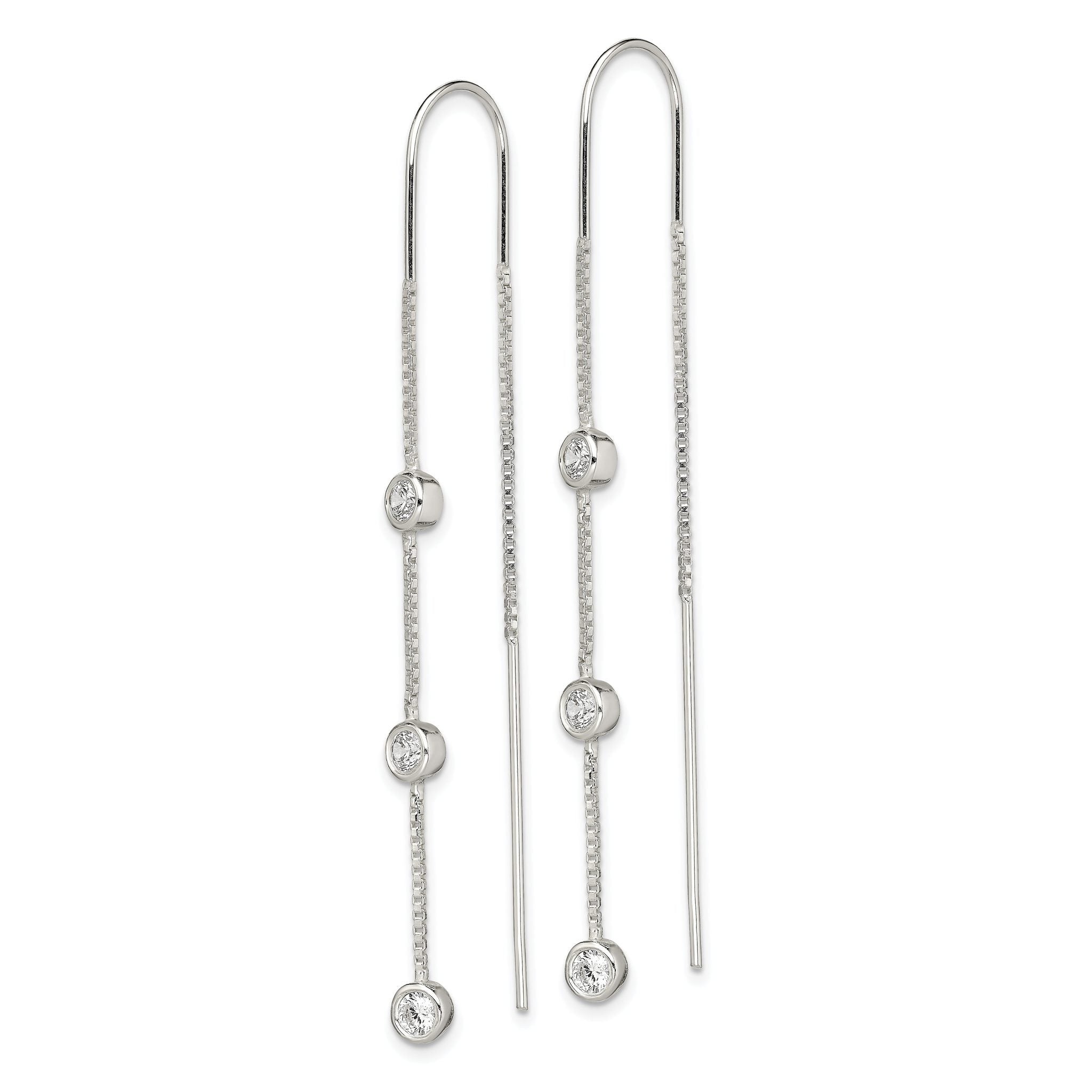Sterling Silver Polished 3 Bezel Set CZs Threader Earrings