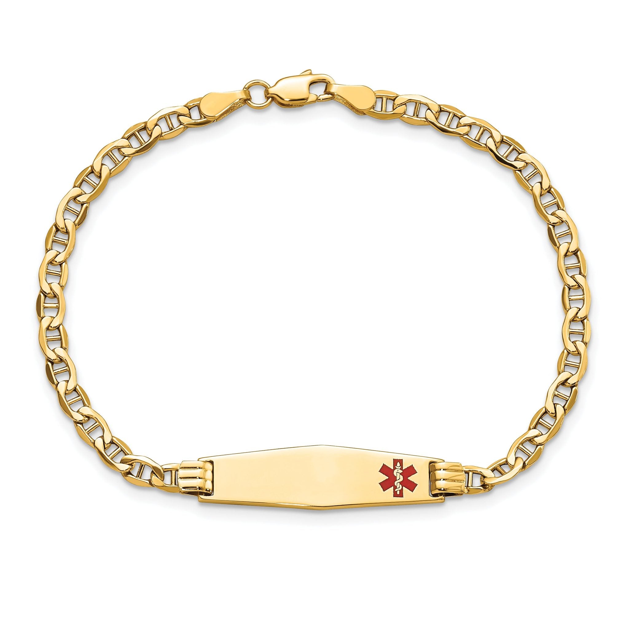 14K Medical Semi-Solid Chain/Solid Plate 26x7mm Soft Diamond Shape Off-Center Red Enamel Anchor Link 8 inch ID Bracelet