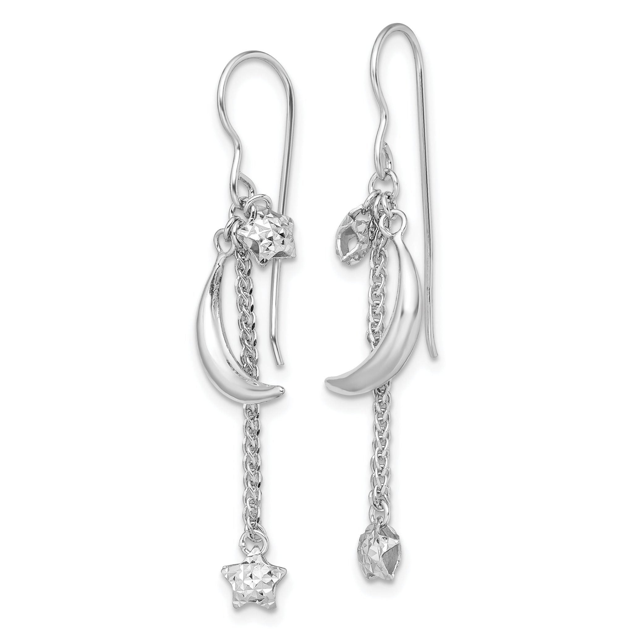 Sterling Silver 925 Rhodium-Plated Star and Moon Drop Earrings, Diamond-Cut Finish Secondary image
