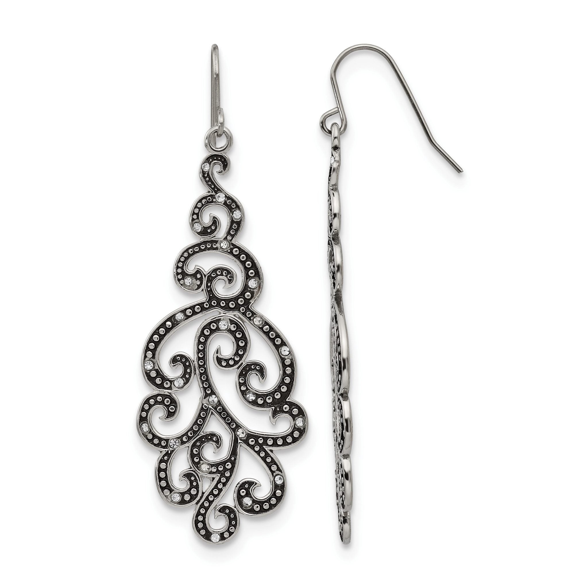 Stainless Steel Polished & Antiqued Crystal Drop Dangle Earrings for Women