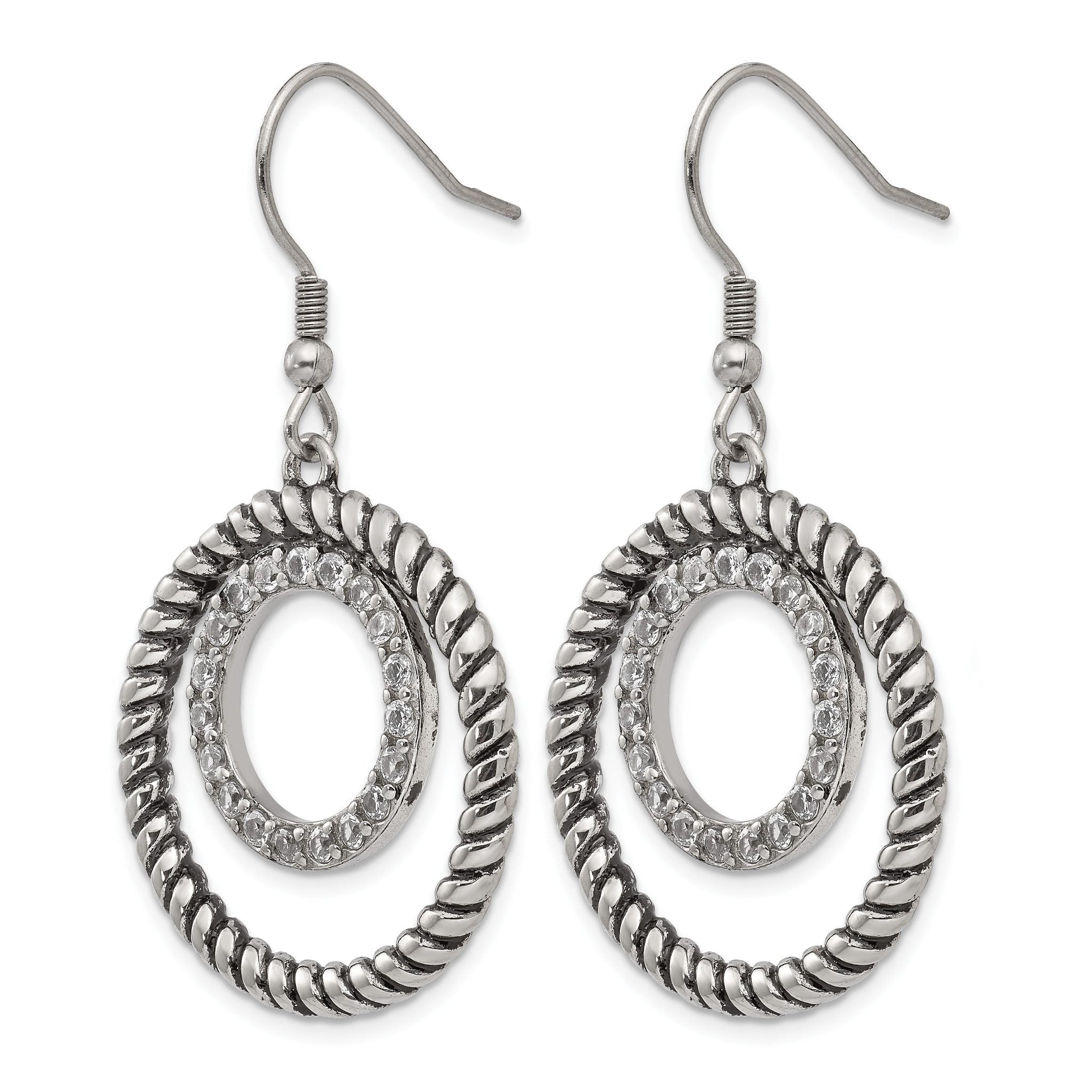 Stainless Steel Polished & Antiqued Cubic Zirconia Drop Dangle Earrings for Women