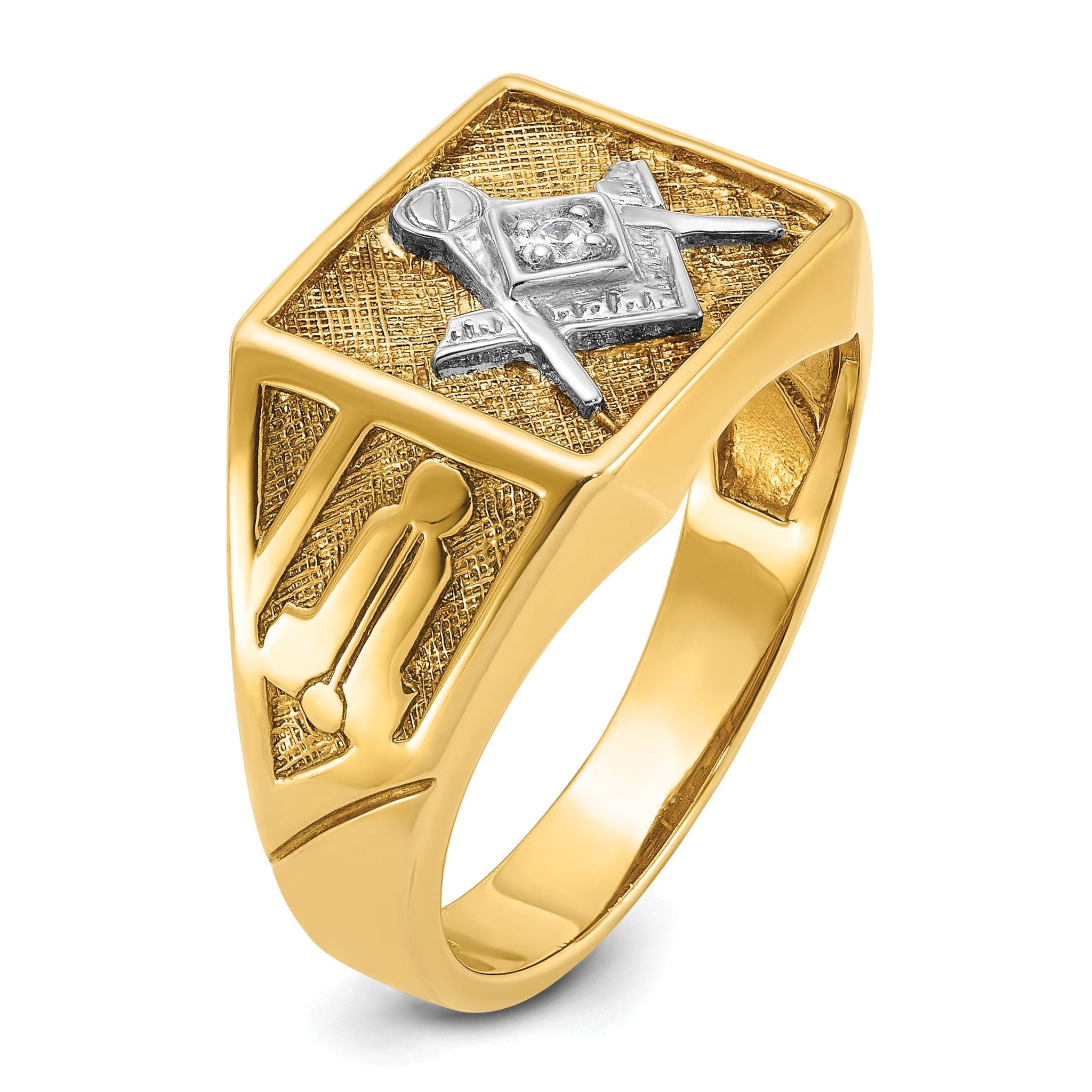 14k with White Rhodium Men's Polished and Textured Diamond Blue Lodge Master Masonic Ring