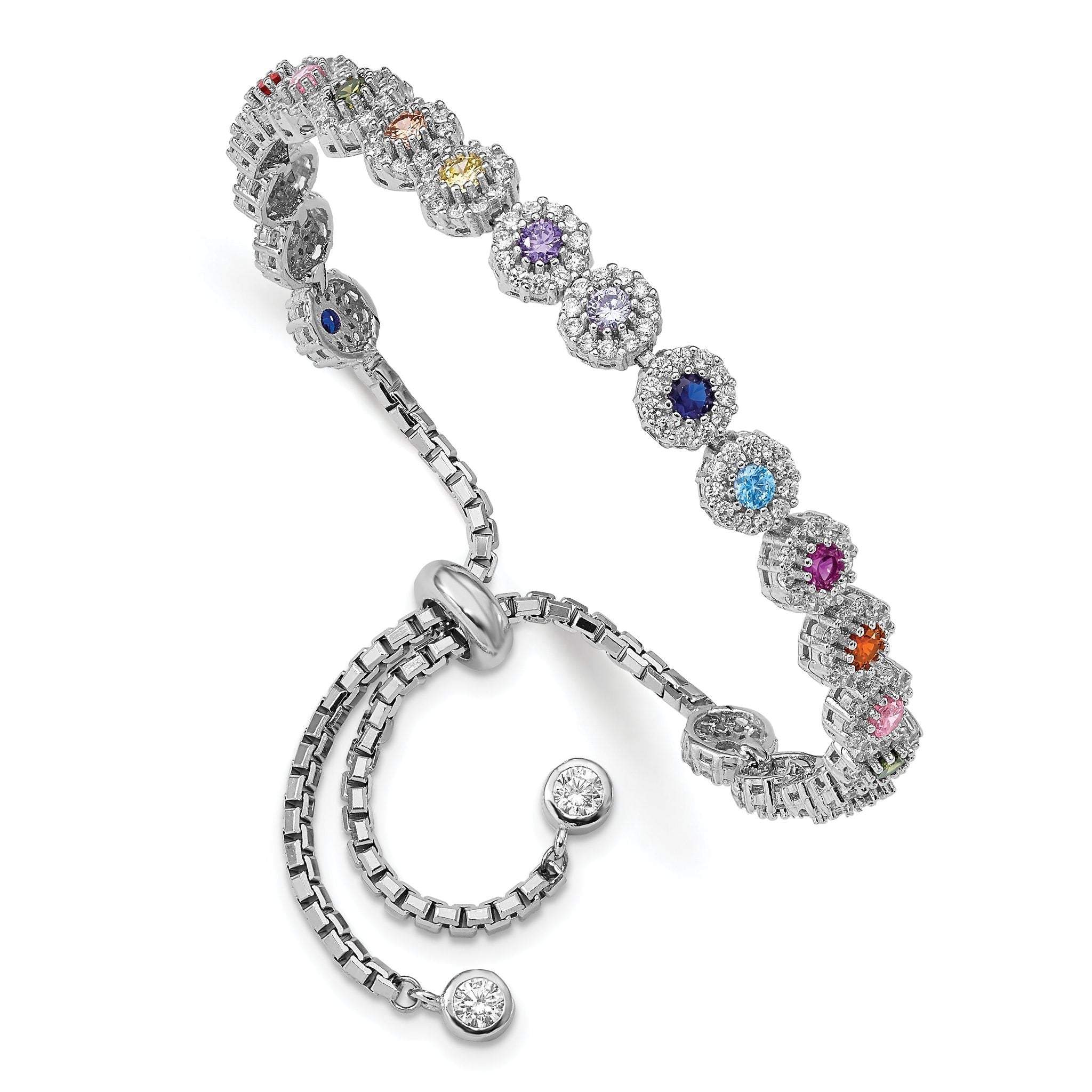 Prizma Sterling Silver Rhodium-plated White and Colorful CZ Adjustable Bolo Bracelet Main image
