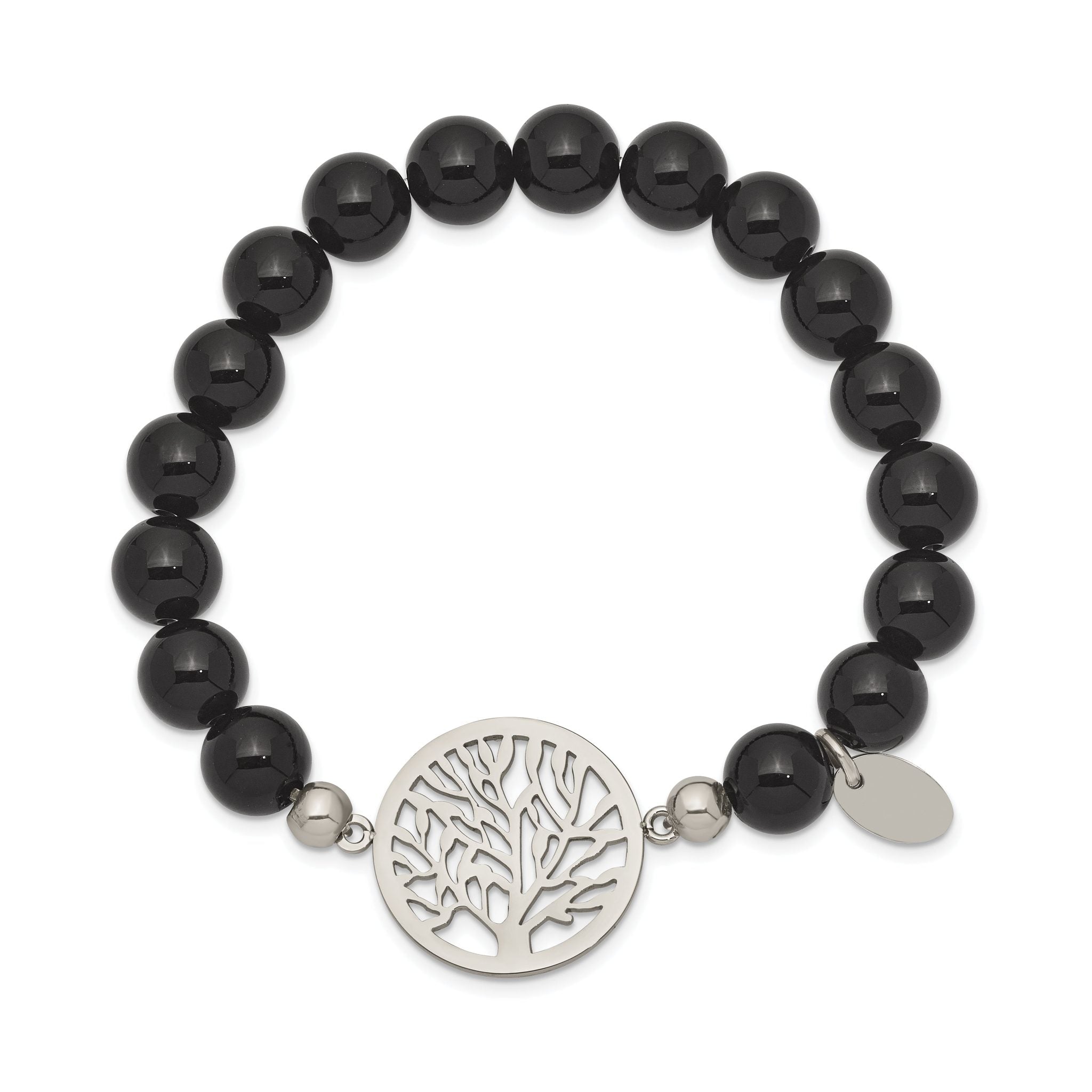 Stainless Steel Polished Tree of Life 8mm Black Agate Beaded Stretch Bracelet for Women Secondary image