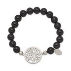 Stainless Steel Polished Tree of Life 8mm Black Agate Beaded Stretch Bracelet for Women