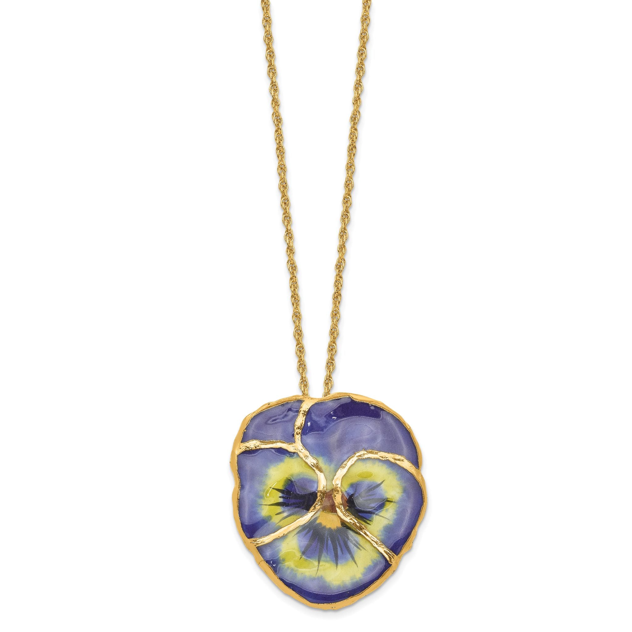 24K Gold-trim Lacquer Dipped Blue Real Pansy with 20 inch Gold-tone Necklace Secondary image