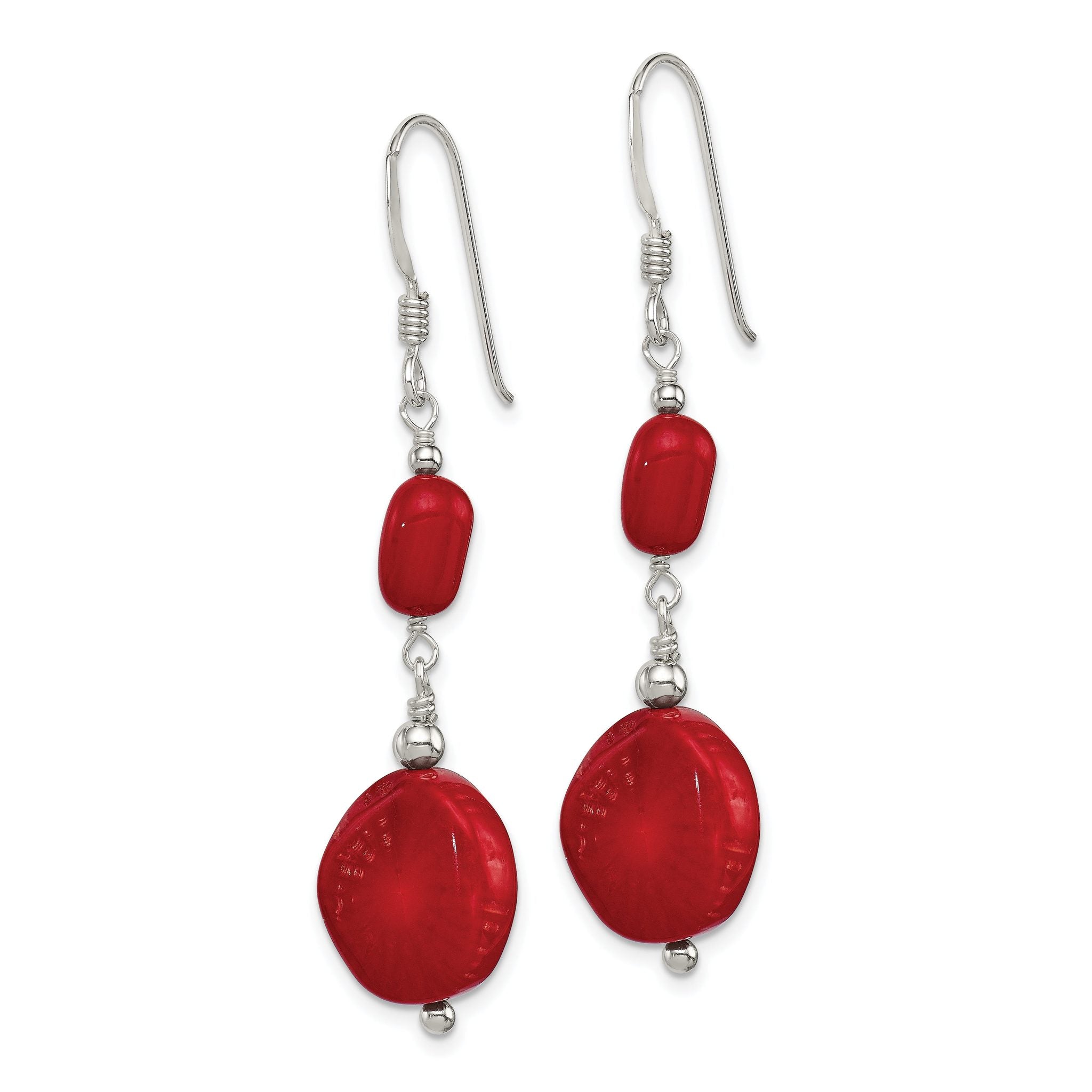 Sterling Silver Polished Round Red Coral Dangle Earrings Secondary image
