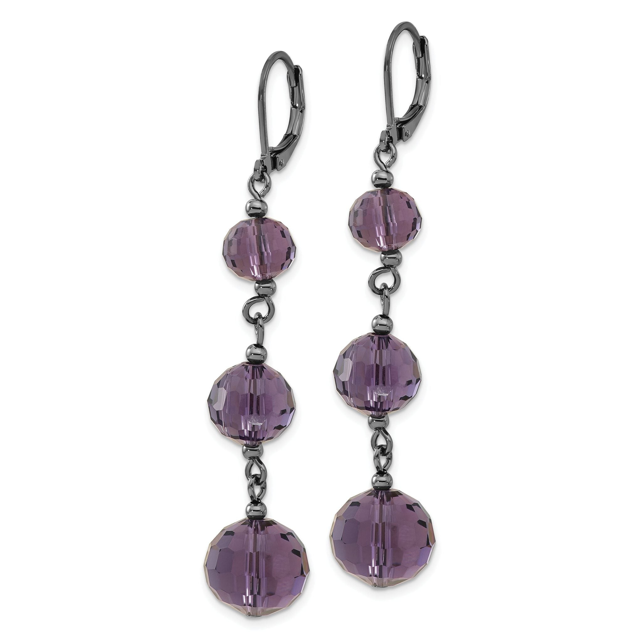 Smokey Purple Glass Bead Drop Earrings in Black-Plated Metal