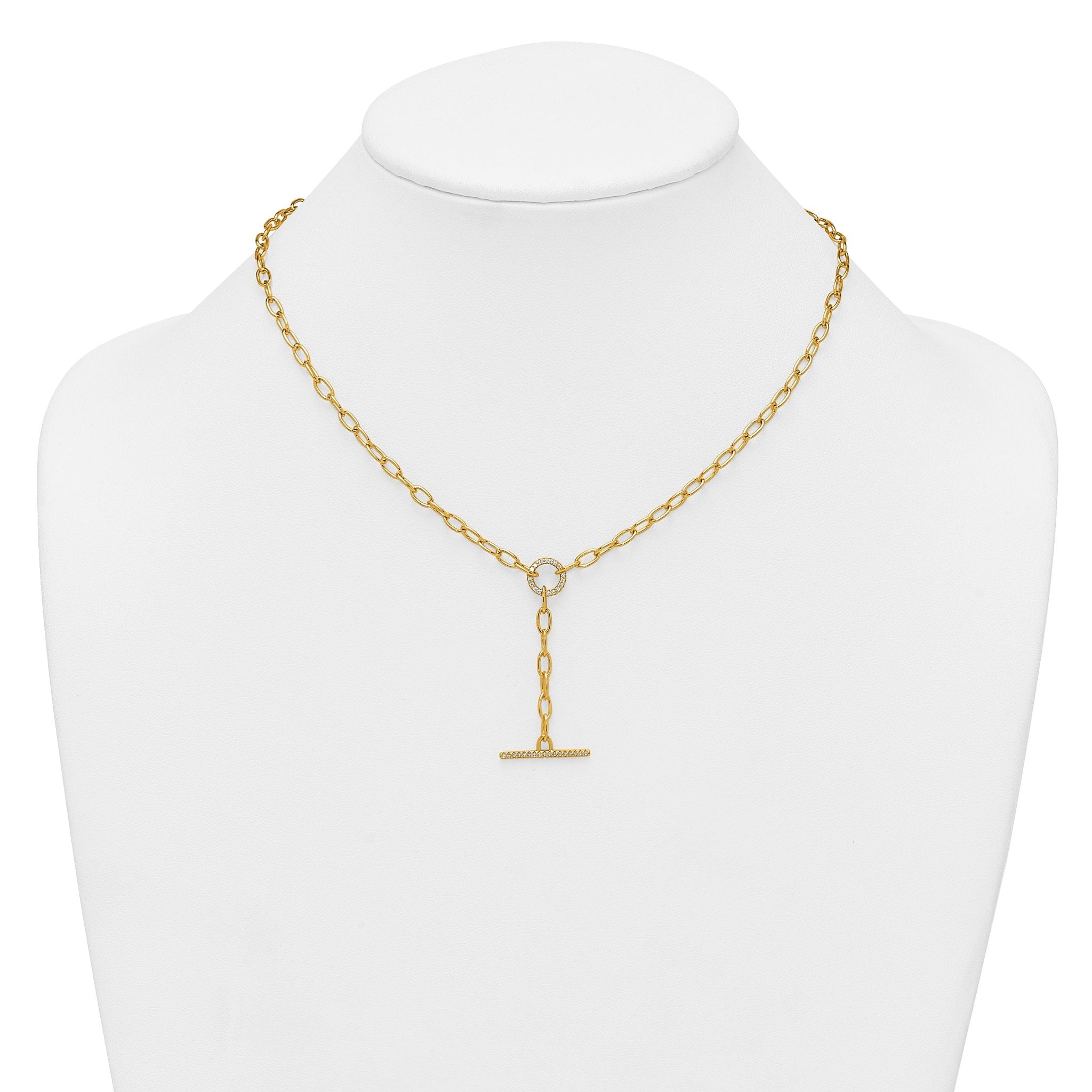 Sterling Silver Gold-tone Polished CZ Paperclip Lariat 17 Inch Necklace